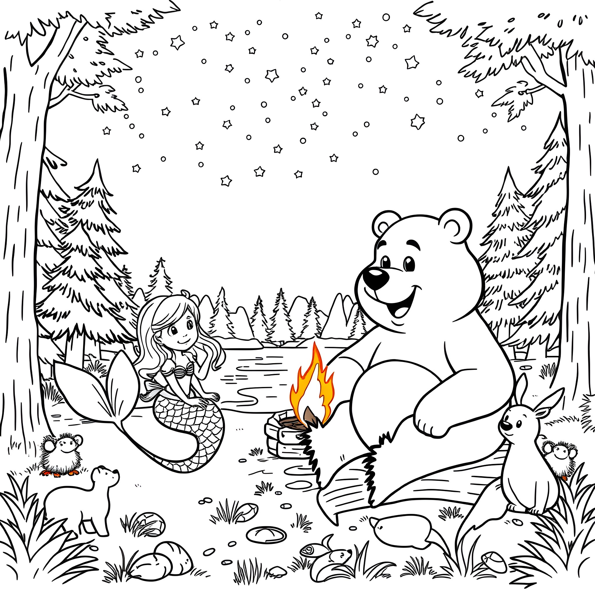 Mermaid and Bear Enjoying a Cozy Campfire in the Forest Coloring Page (free black-and-white line drawing printable PDF for all, from beginners to advanced learners, including children, teens, adults, and seniors)