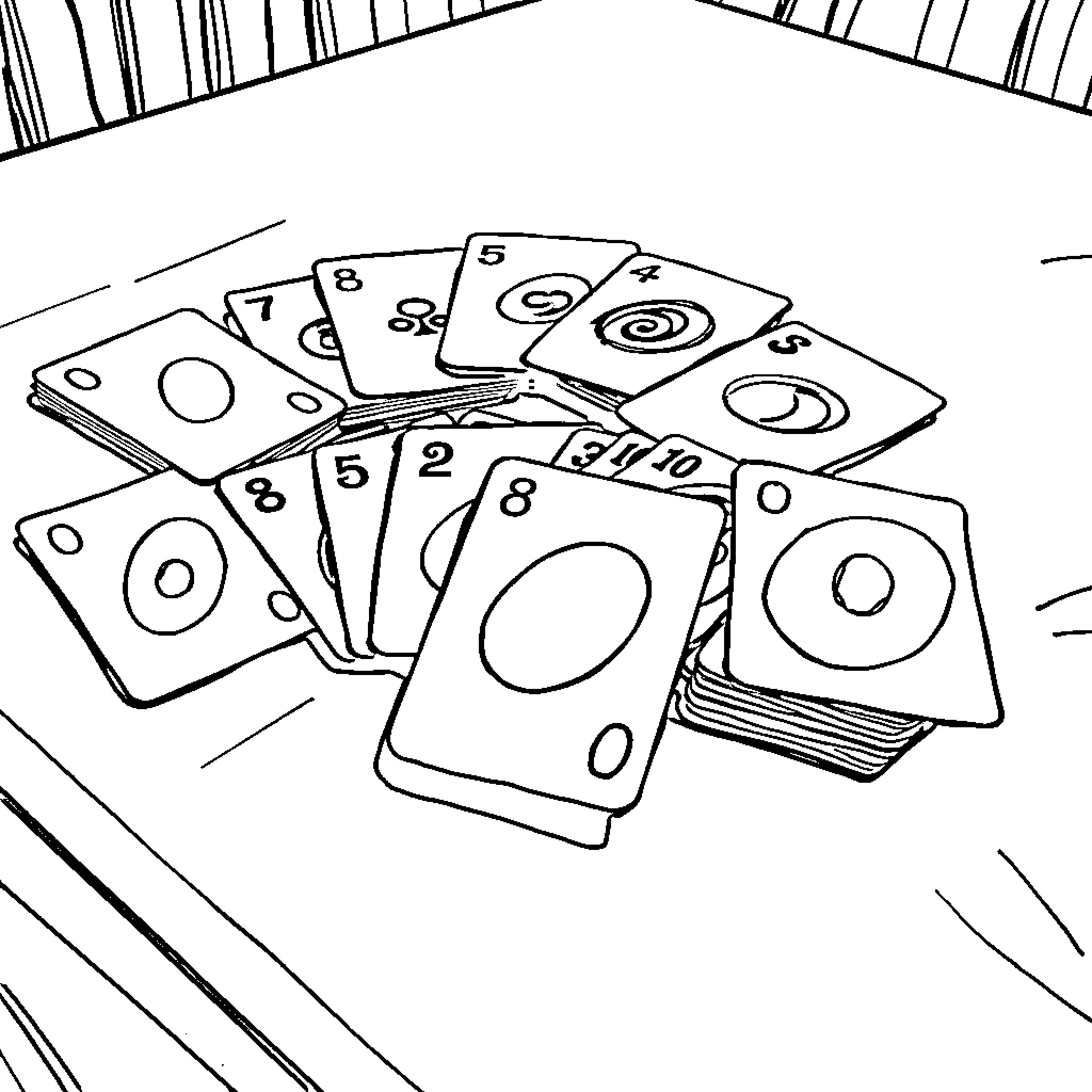 UNO Card Game Scattered on Table Coloring Page (free black-and-white line drawing printable PDF for all, from beginners to advanced learners, including children, teens, adults, and seniors)