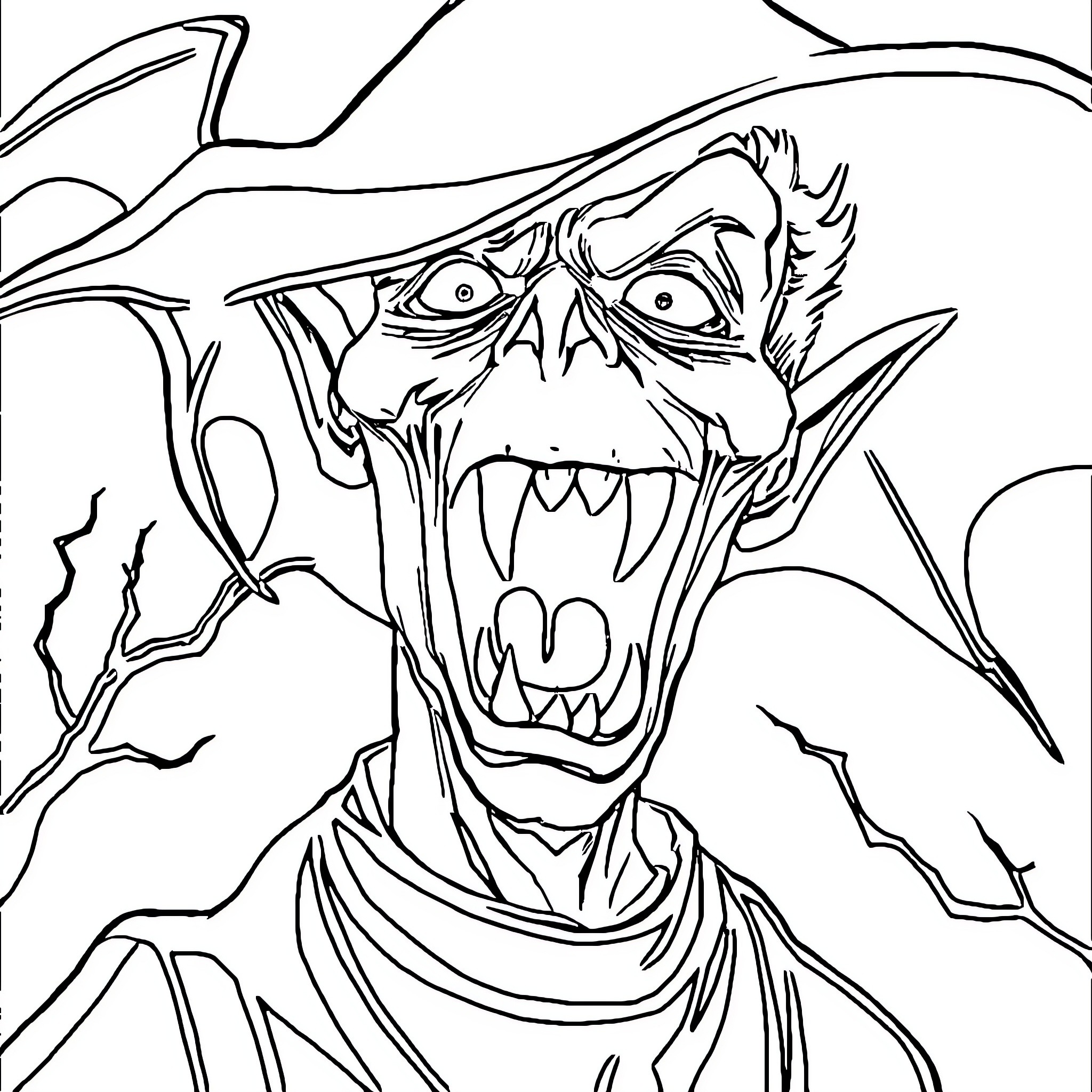 Manga Vampire Baring Fangs Menacingly Coloring Page (free black-and-white line drawing printable PDF for all, from beginners to advanced learners, including children, teens, adults, and seniors)