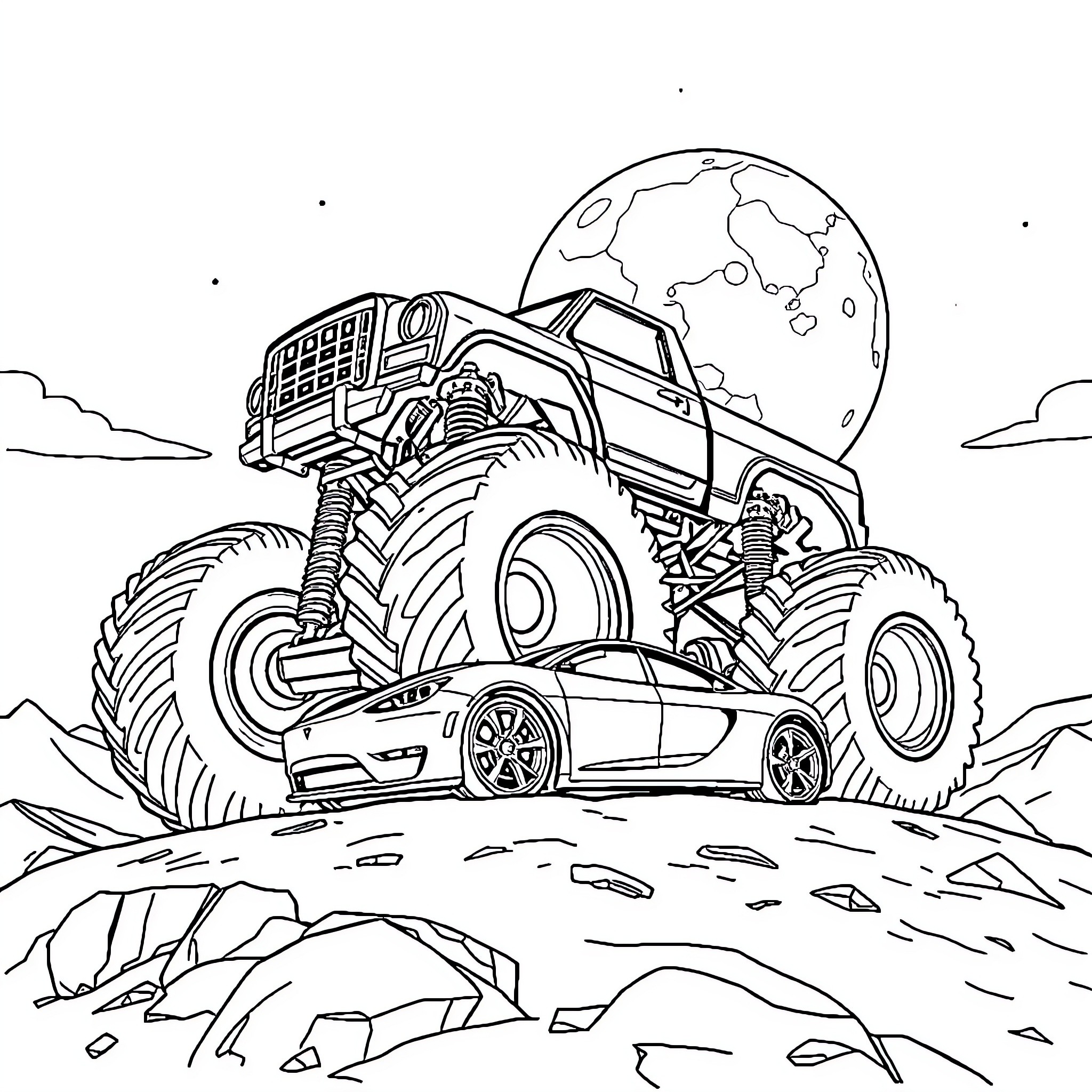 Monster Truck Crushing a Small Car in an Alien World Coloring Page (free black-and-white line drawing printable PDF for all, from beginners to advanced learners, including children, teens, adults, and seniors)