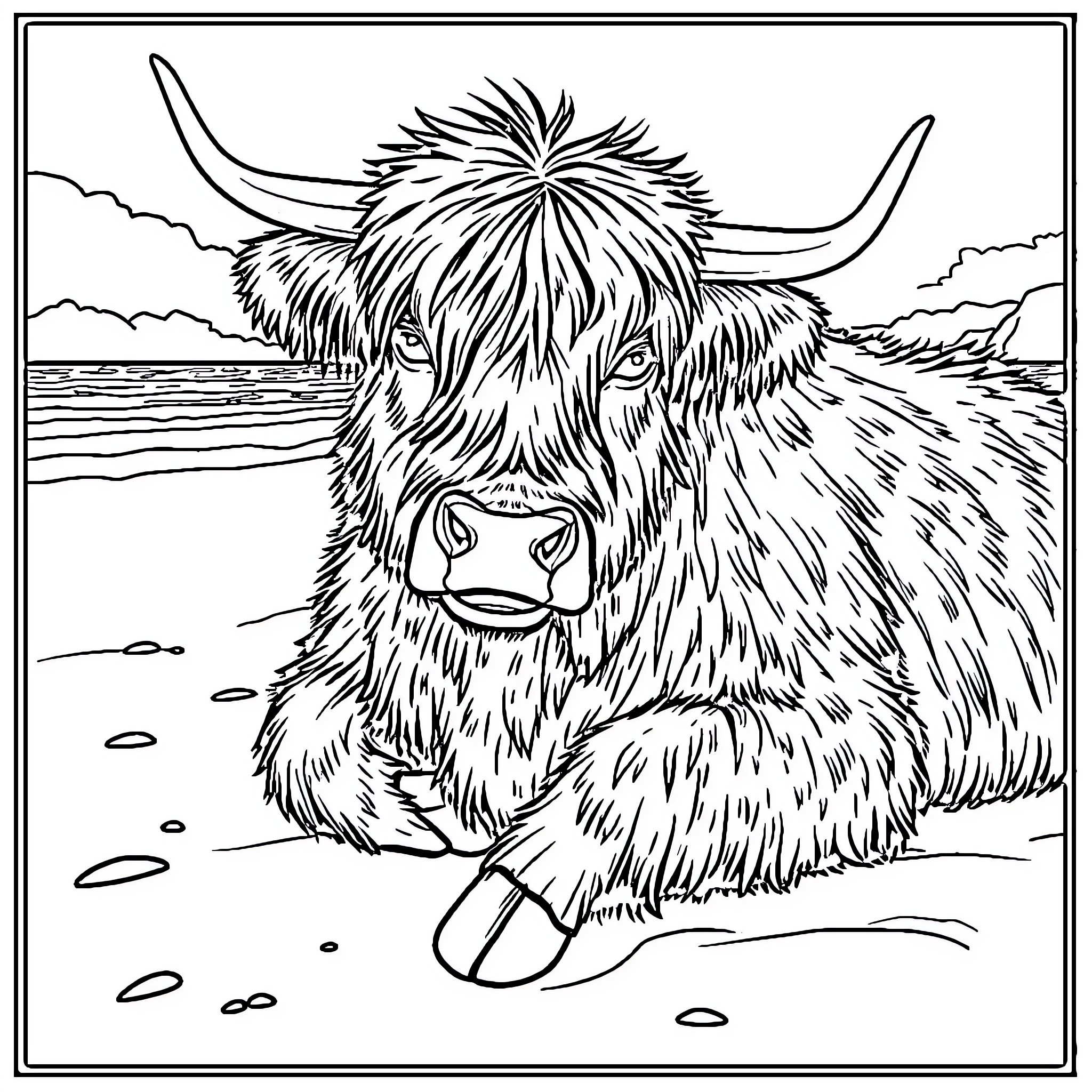Highland Cow resting by the lake Coloring Page (free black-and-white line drawing printable PDF for all, from beginners to advanced learners, including children, teens, adults, and seniors)