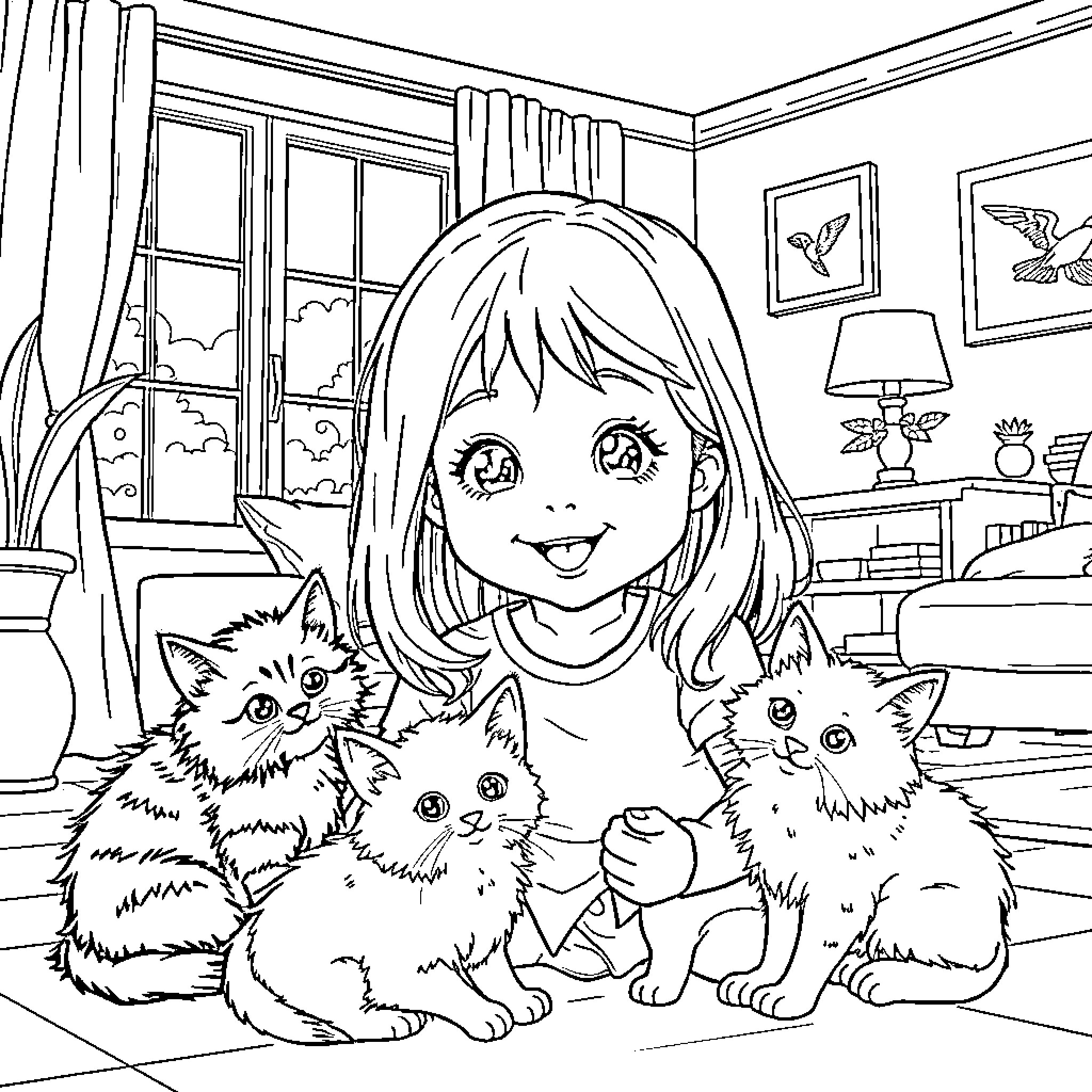 Girl Surrounded by Playful Kittens in Cozy Room Coloring Page (free black-and-white line drawing printable PDF for all, from beginners to advanced learners, including children, teens, adults, and seniors)