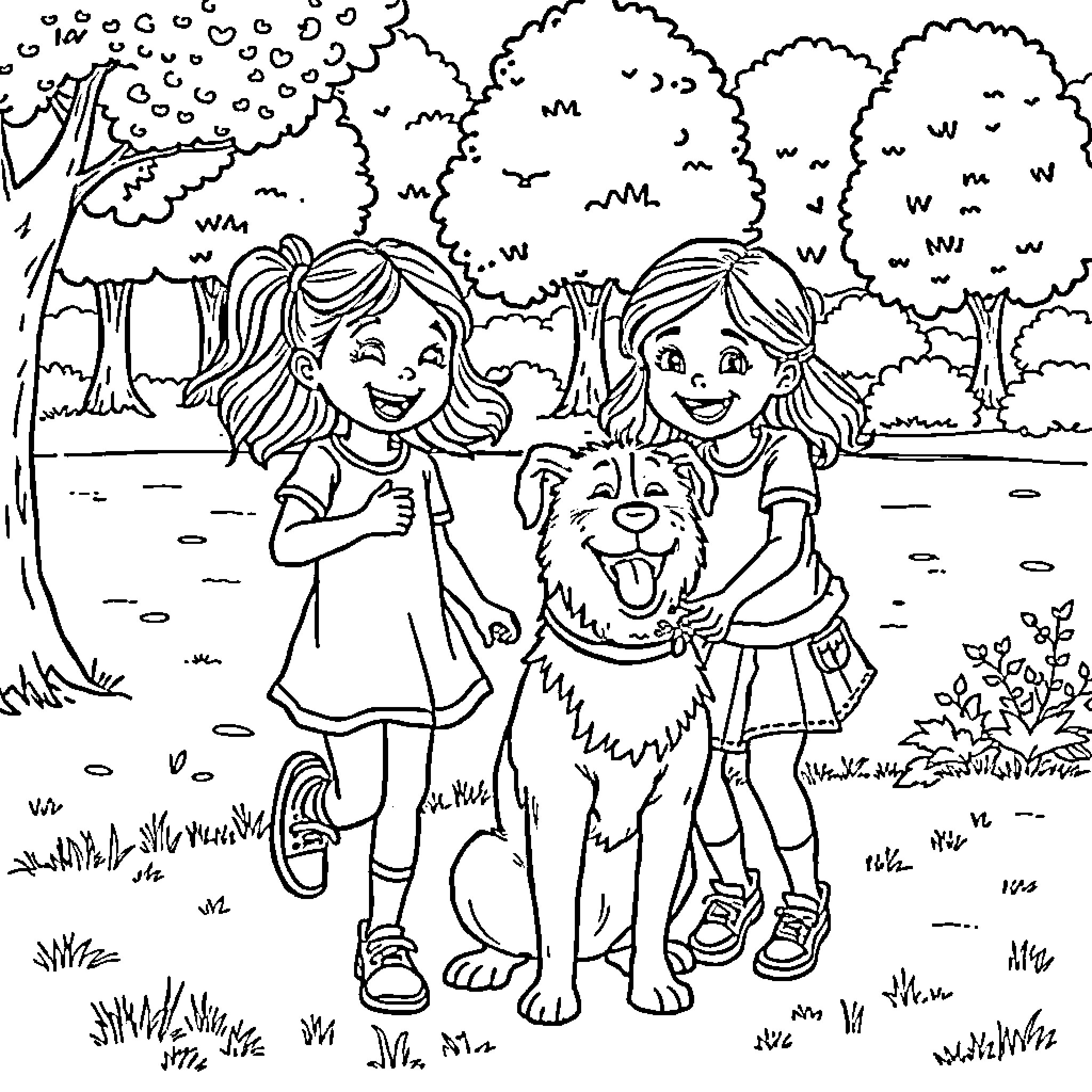 Girls playing happily with dog in nature Coloring Page (free black-and-white line drawing printable PDF for all, from beginners to advanced learners, including children, teens, adults, and seniors)
