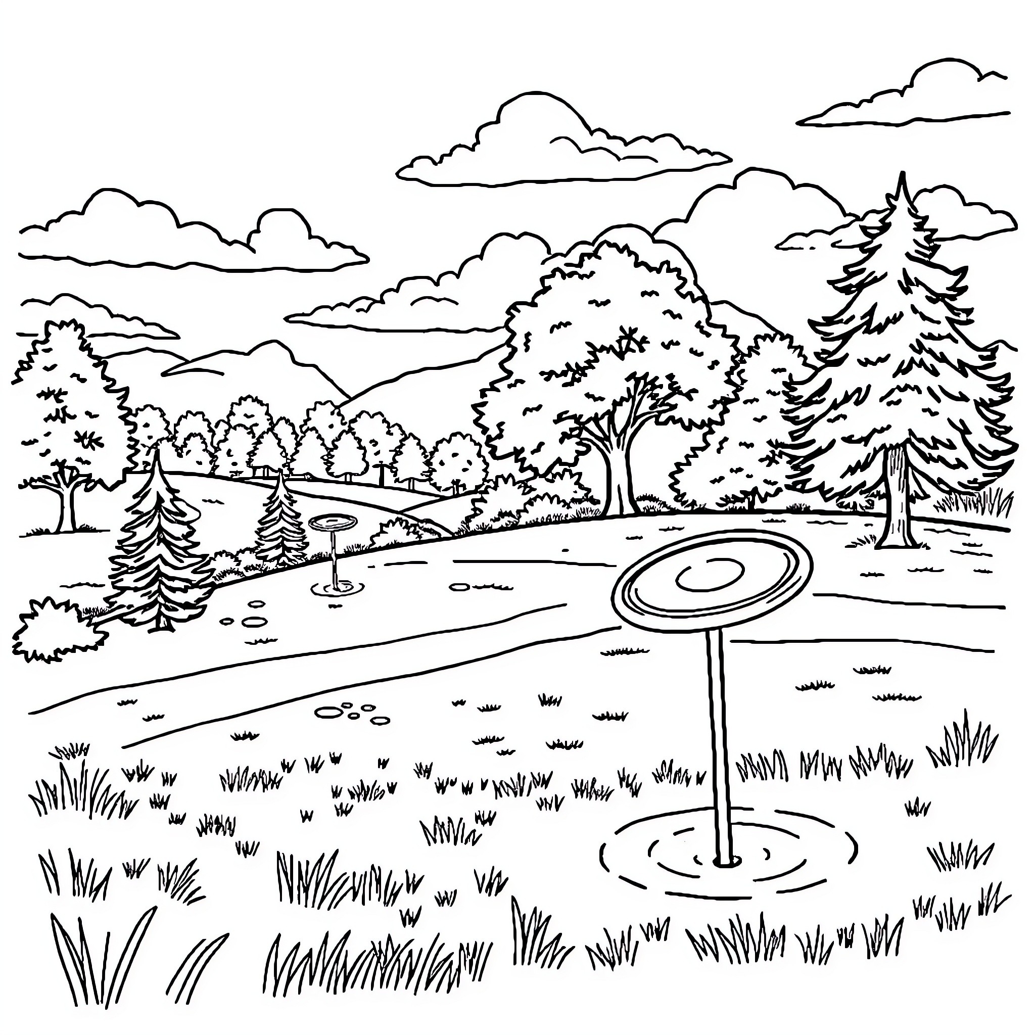 Disc Golf Course in Scenic Nature Landscape Coloring Page (free black-and-white line drawing printable PDF for all, from beginners to advanced learners, including children, teens, adults, and seniors)