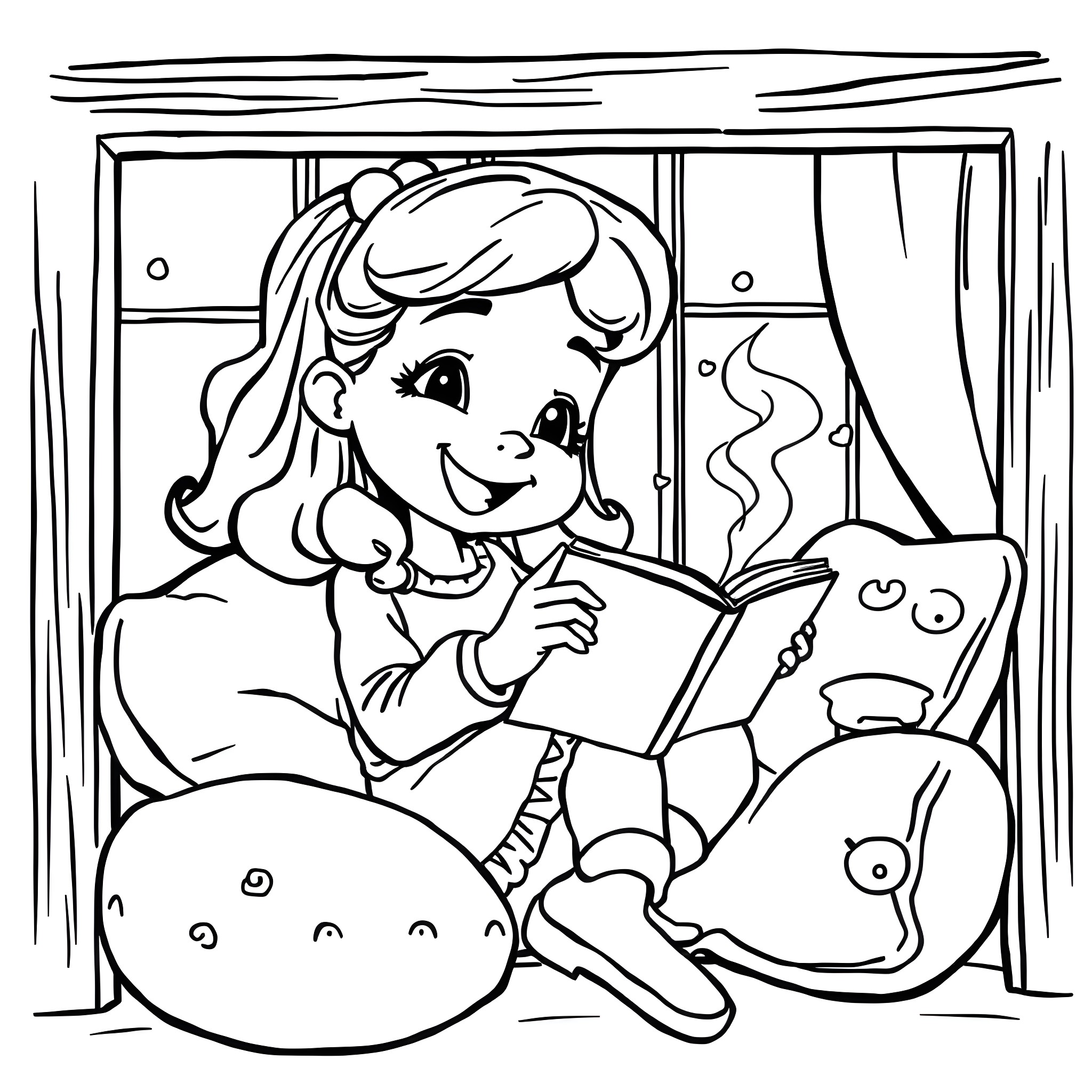 Girl reading a book in her cozy room Coloring Page (free black-and-white line drawing printable PDF for all, from beginners to advanced learners, including children, teens, adults, and seniors)