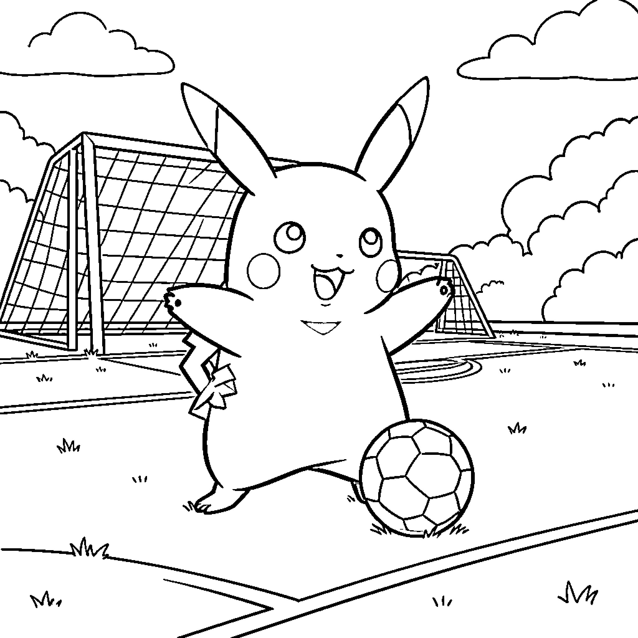 Pikachu playing soccer on a field with a goal Coloring Page (free black-and-white line drawing printable PDF for all, from beginners to advanced learners, including children, teens, adults, and seniors)