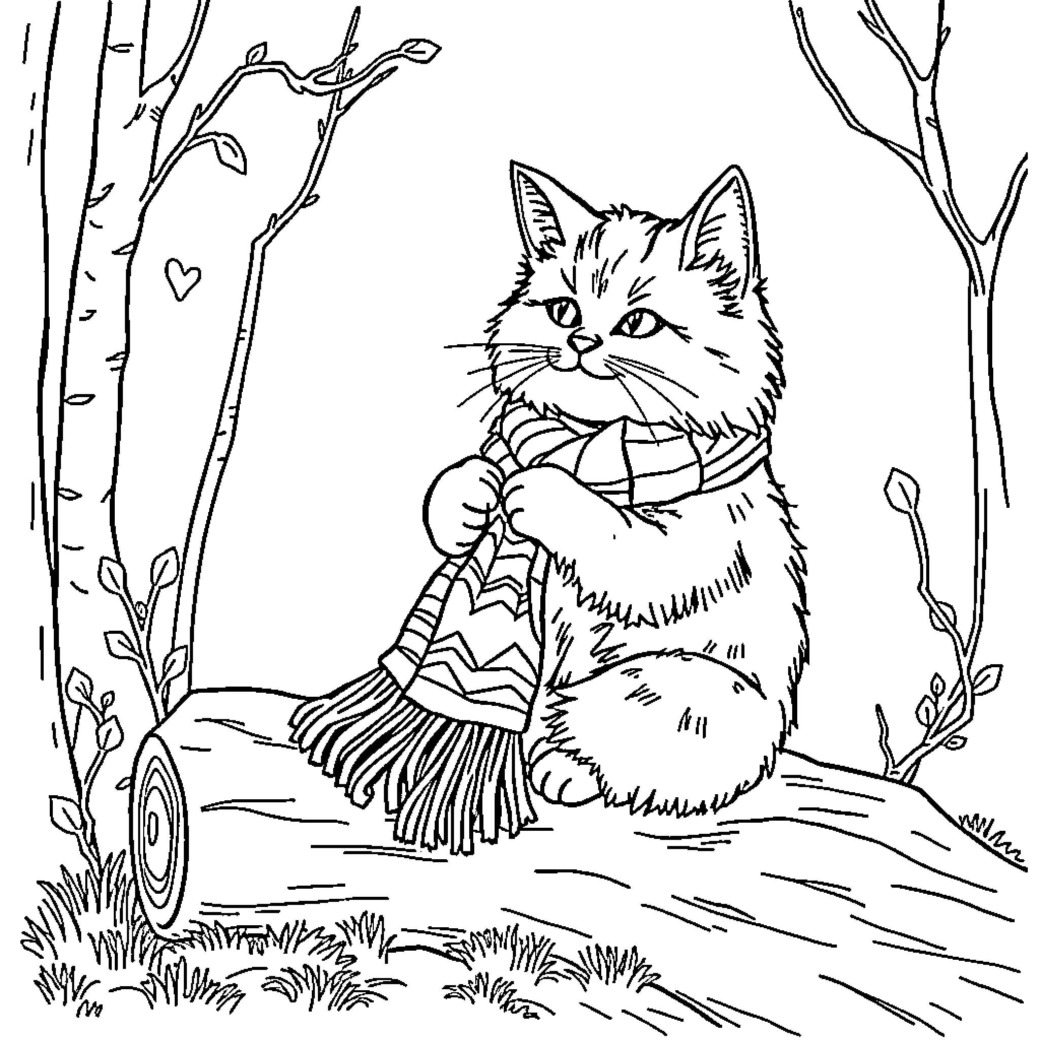 Cat in Cozy Sweater in Forest Scene Coloring Page (free black-and-white line drawing printable PDF for all, from beginners to advanced learners, including children, teens, adults, and seniors)