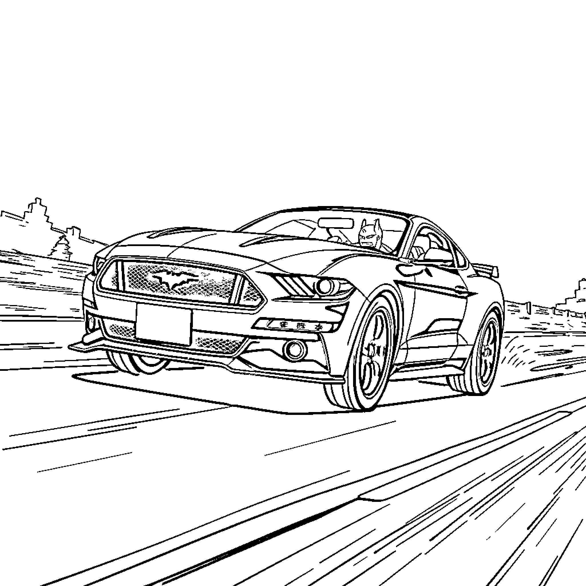Mustang racing on the open road Coloring Page (free black-and-white line drawing printable PDF for all, from beginners to advanced learners, including children, teens, adults, and seniors)