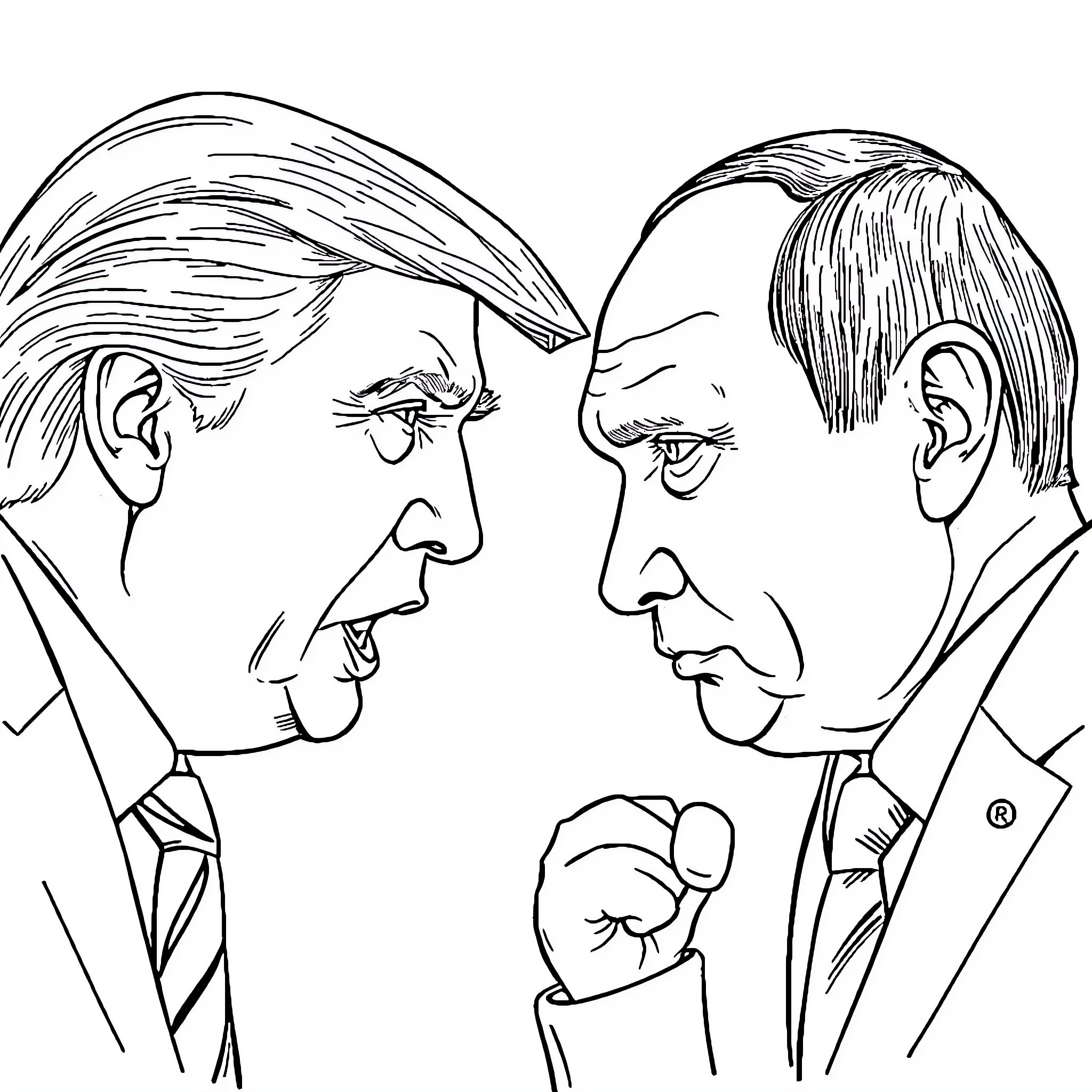Donald Trump Engaging in Intense Dialogue with Political Rival Coloring Page (free black-and-white line drawing printable PDF for all, from beginners to advanced learners, including children, teens, adults, and seniors)