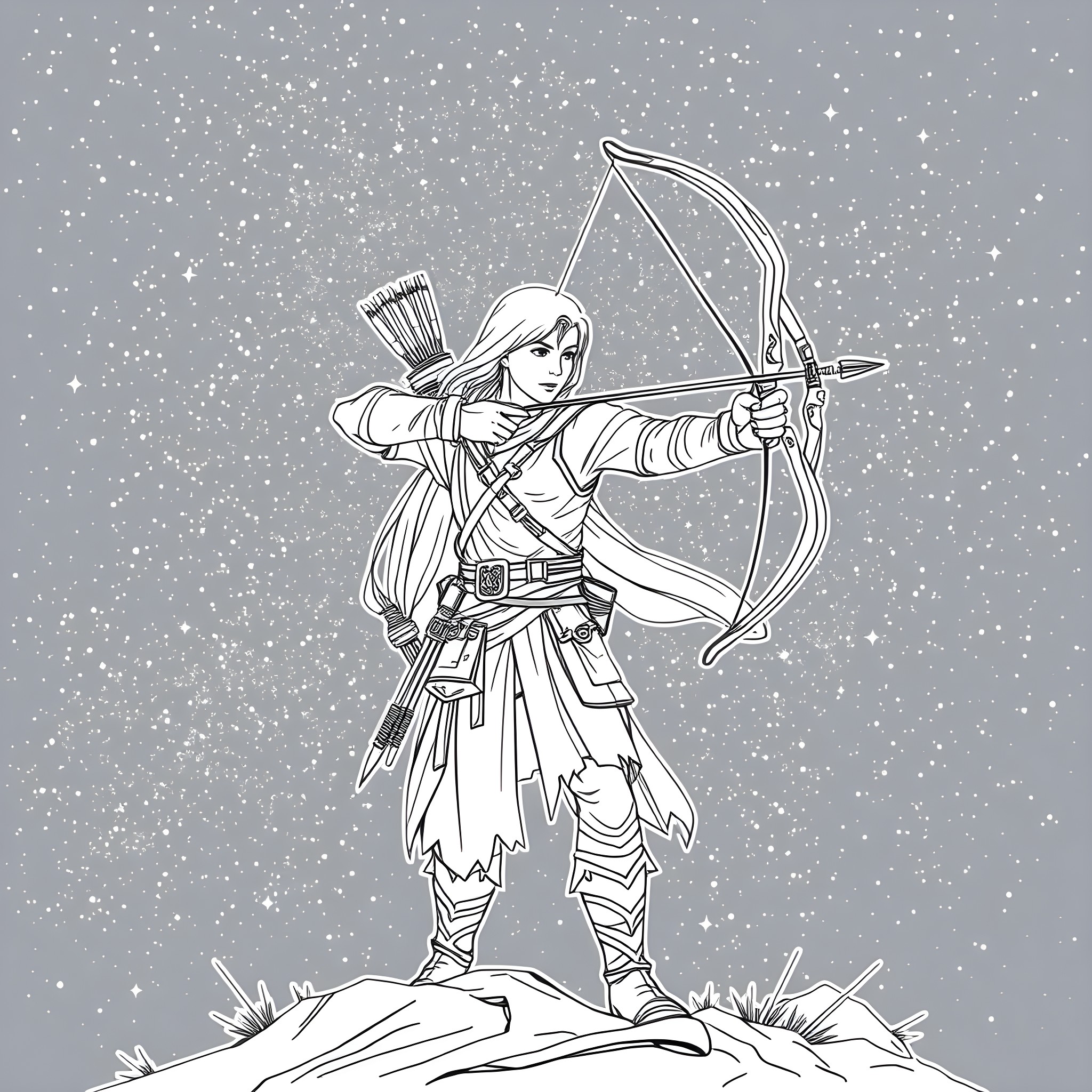 Sagittarius archer in the snowy night Coloring Page (free black-and-white line drawing printable PDF for all, from beginners to advanced learners, including children, teens, adults, and seniors)