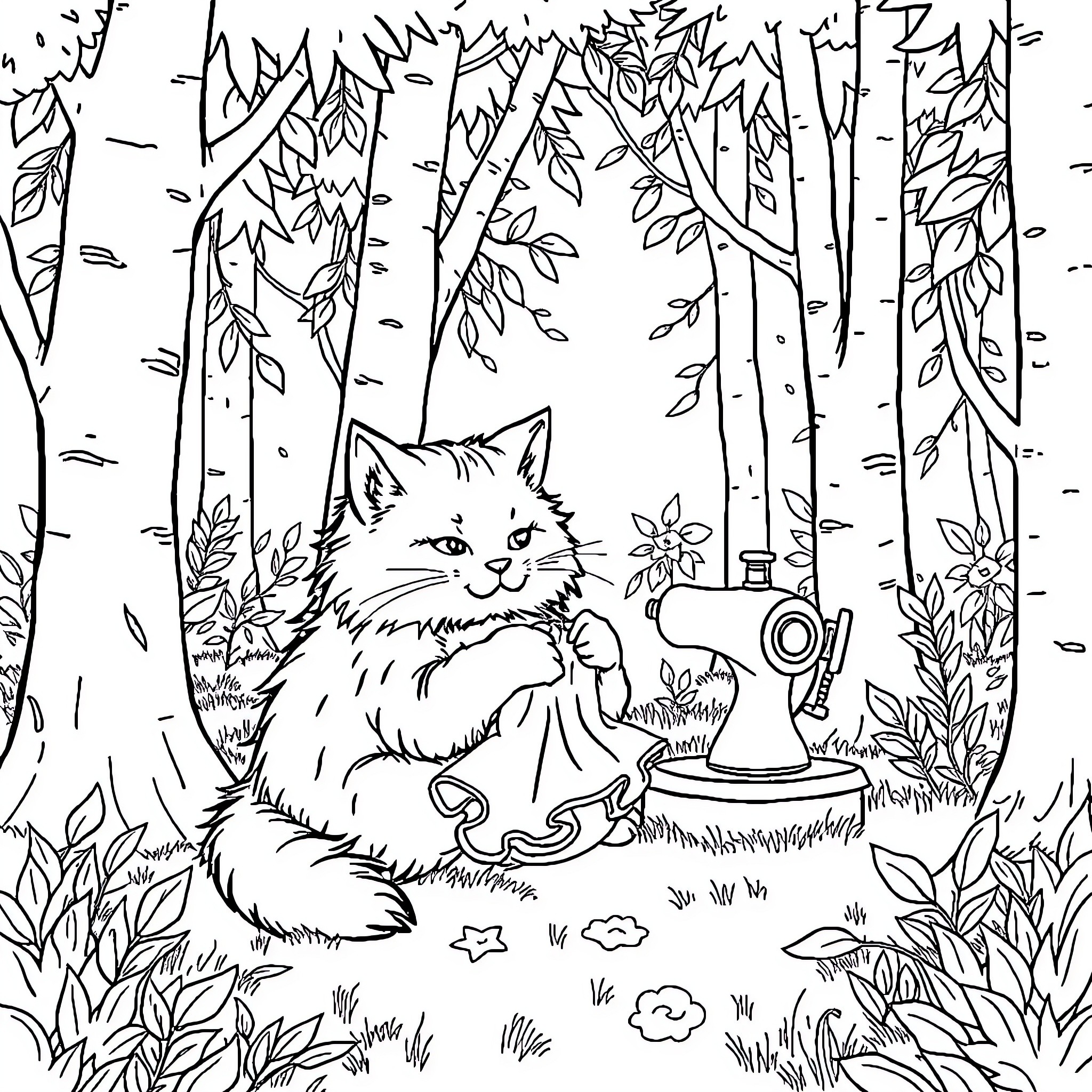 Cat Relaxing in Enchanted Forest Scene Coloring Page (free black-and-white line drawing printable PDF for all, from beginners to advanced learners, including children, teens, adults, and seniors)