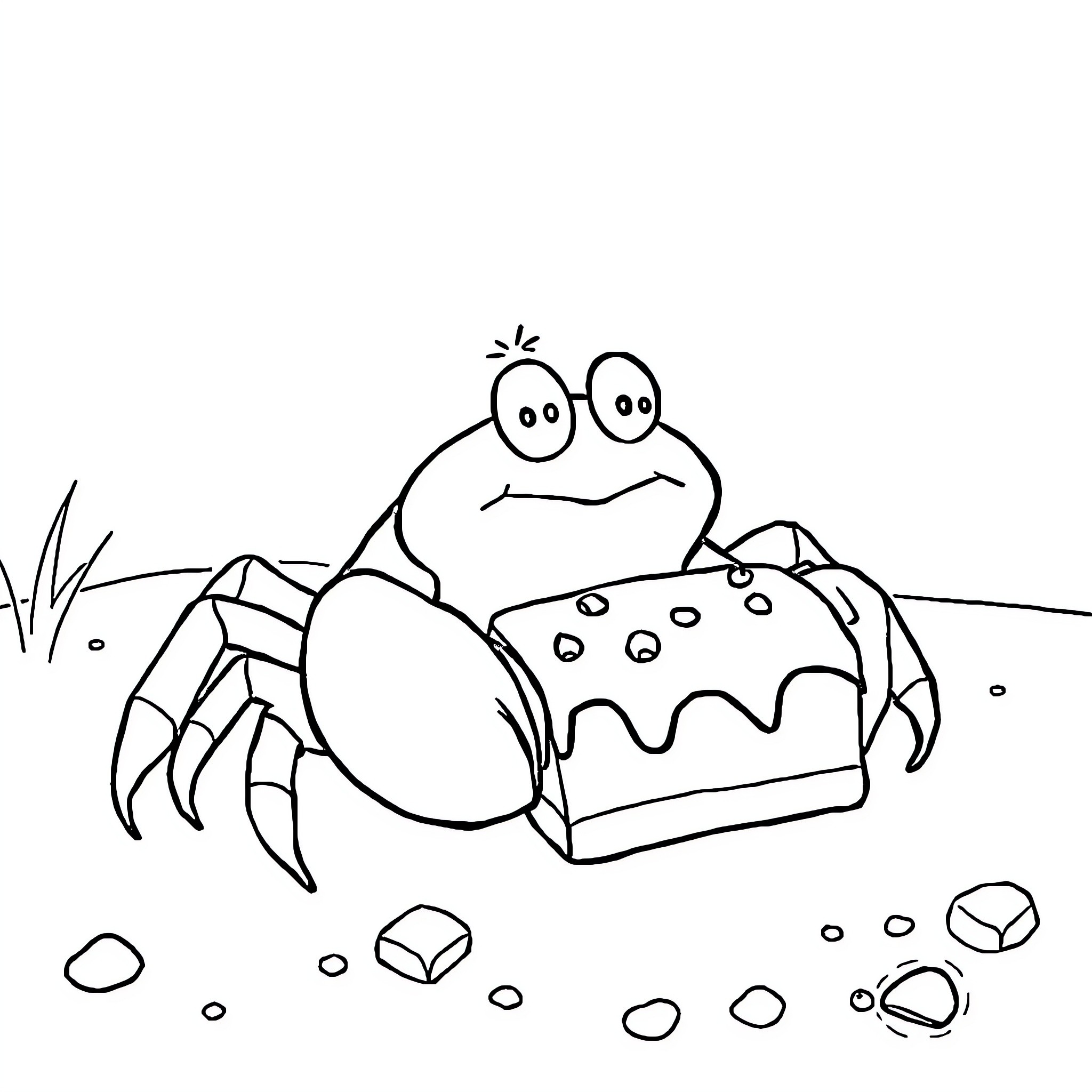 Crab finding tasty treasures on the seafloor Coloring Page (free black-and-white line drawing printable PDF for all, from beginners to advanced learners, including children, teens, adults, and seniors)