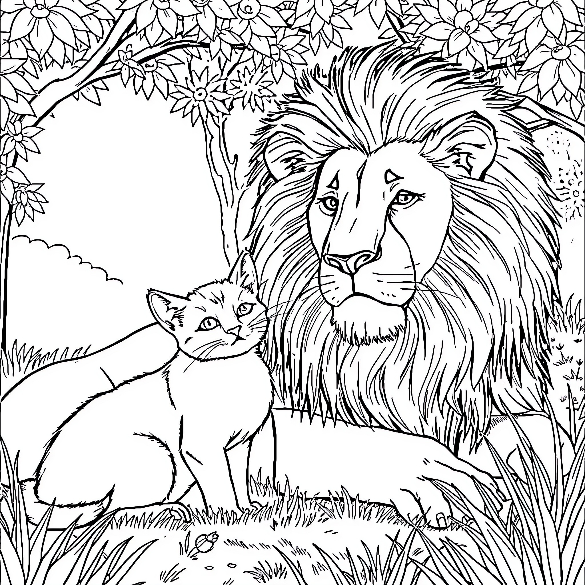 Gato and the Mighty Lion Admiring Nature Coloring Page (free black-and-white line drawing printable PDF for all, from beginners to advanced learners, including children, teens, adults, and seniors)