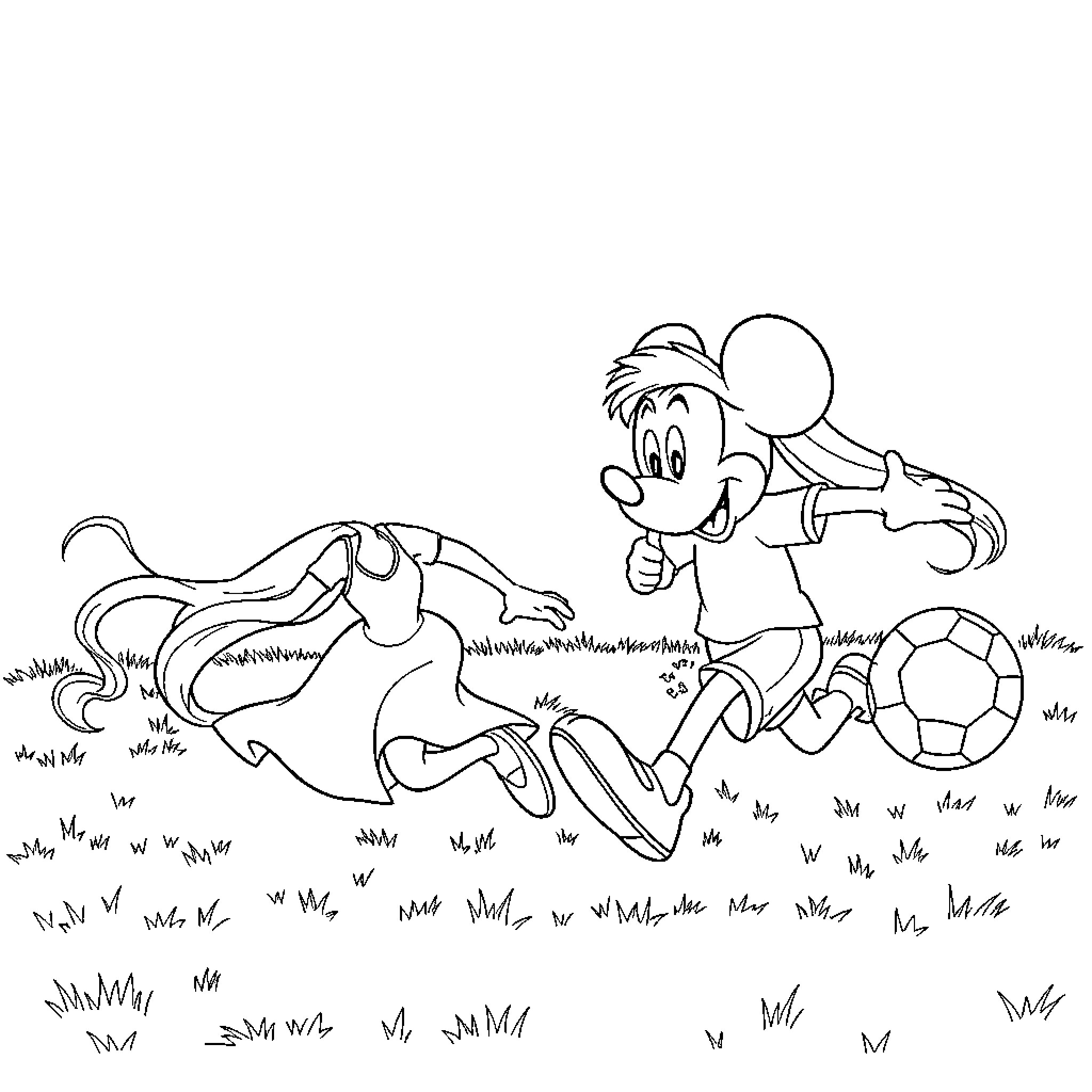 Rapunzel Plays with Soccer Ball in the Meadow Coloring Page (free black-and-white line drawing printable PDF for all, from beginners to advanced learners, including children, teens, adults, and seniors)