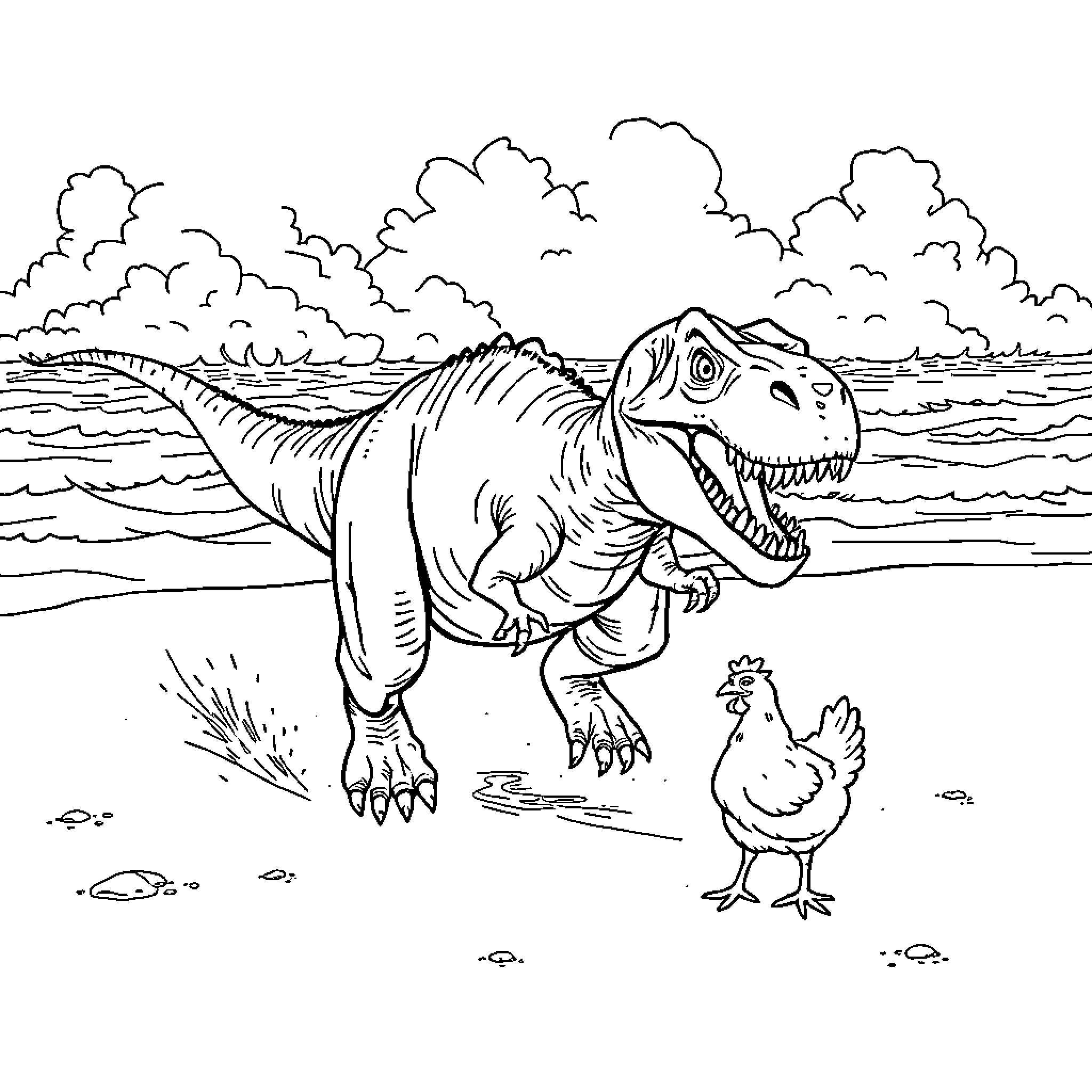 T-Rex Chasing Chicken on the Beach Coloring Page (free black-and-white line drawing printable PDF for all, from beginners to advanced learners, including children, teens, adults, and seniors)