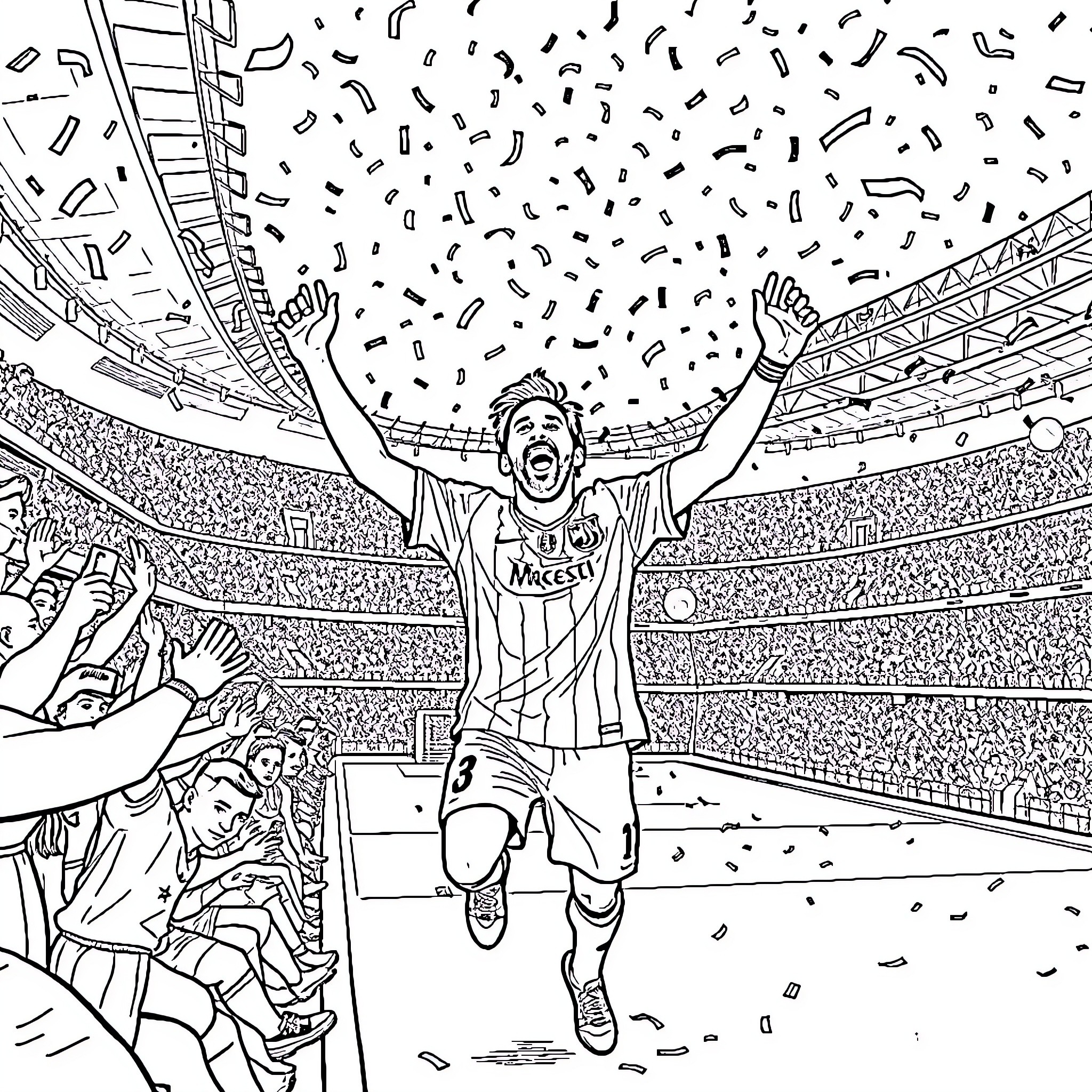 Lionel Messi celebrating a victorious football match Coloring Page (free black-and-white line drawing printable PDF for all, from beginners to advanced learners, including children, teens, adults, and seniors)