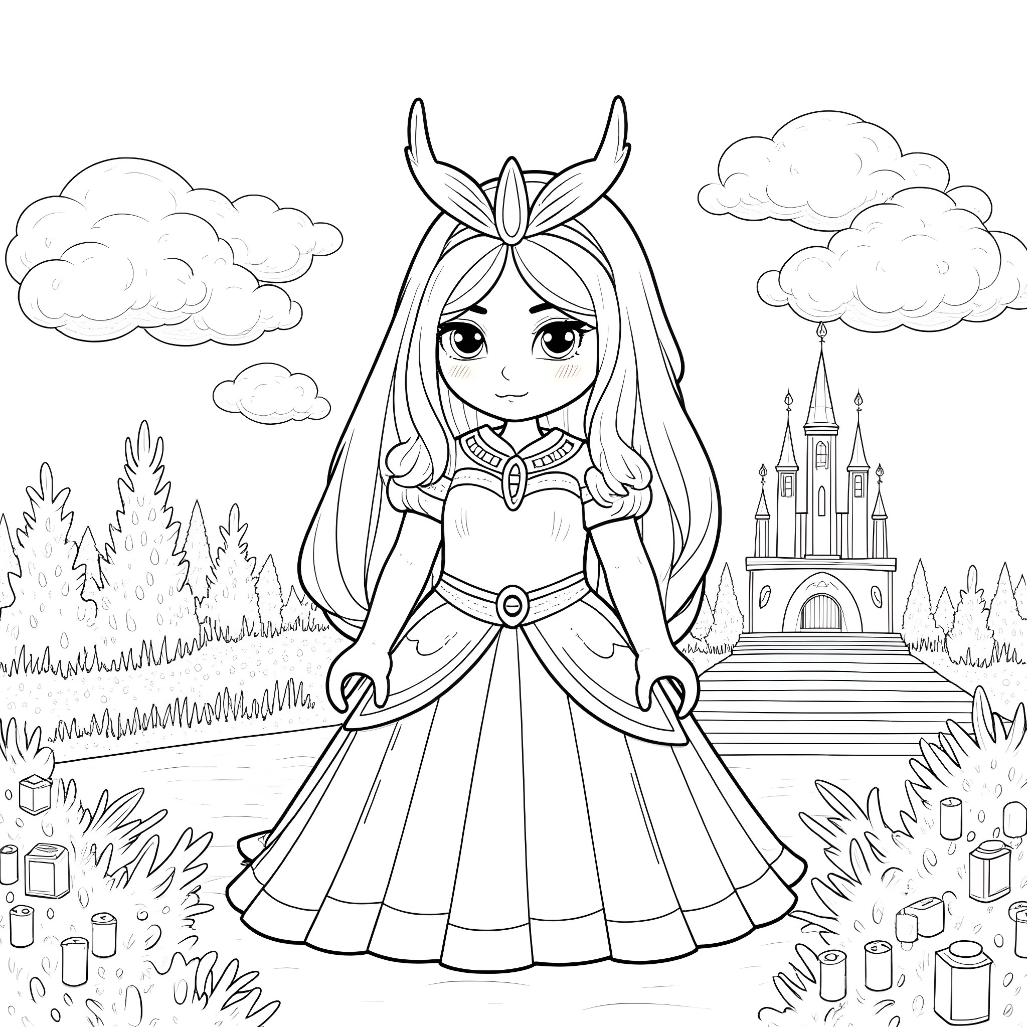 Minecraft Princess in a Fairytale Landscape Coloring Page (free black-and-white line drawing printable PDF for all, from beginners to advanced learners, including children, teens, adults, and seniors)