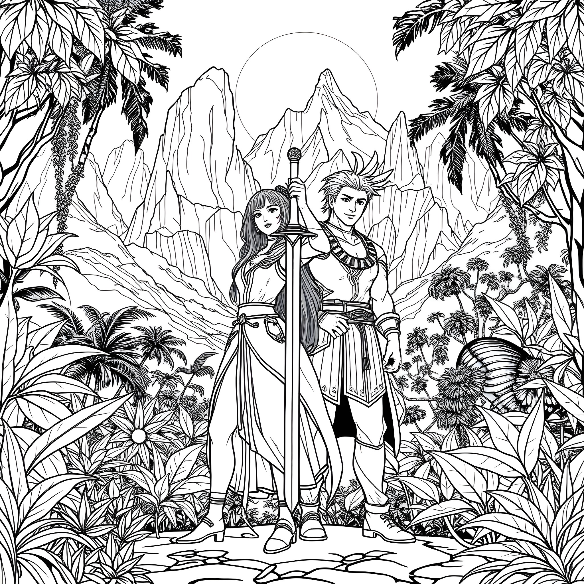 Raya and the Warrior in the Lush Jungle Coloring Page (free black-and-white line drawing printable PDF for all, from beginners to advanced learners, including children, teens, adults, and seniors)