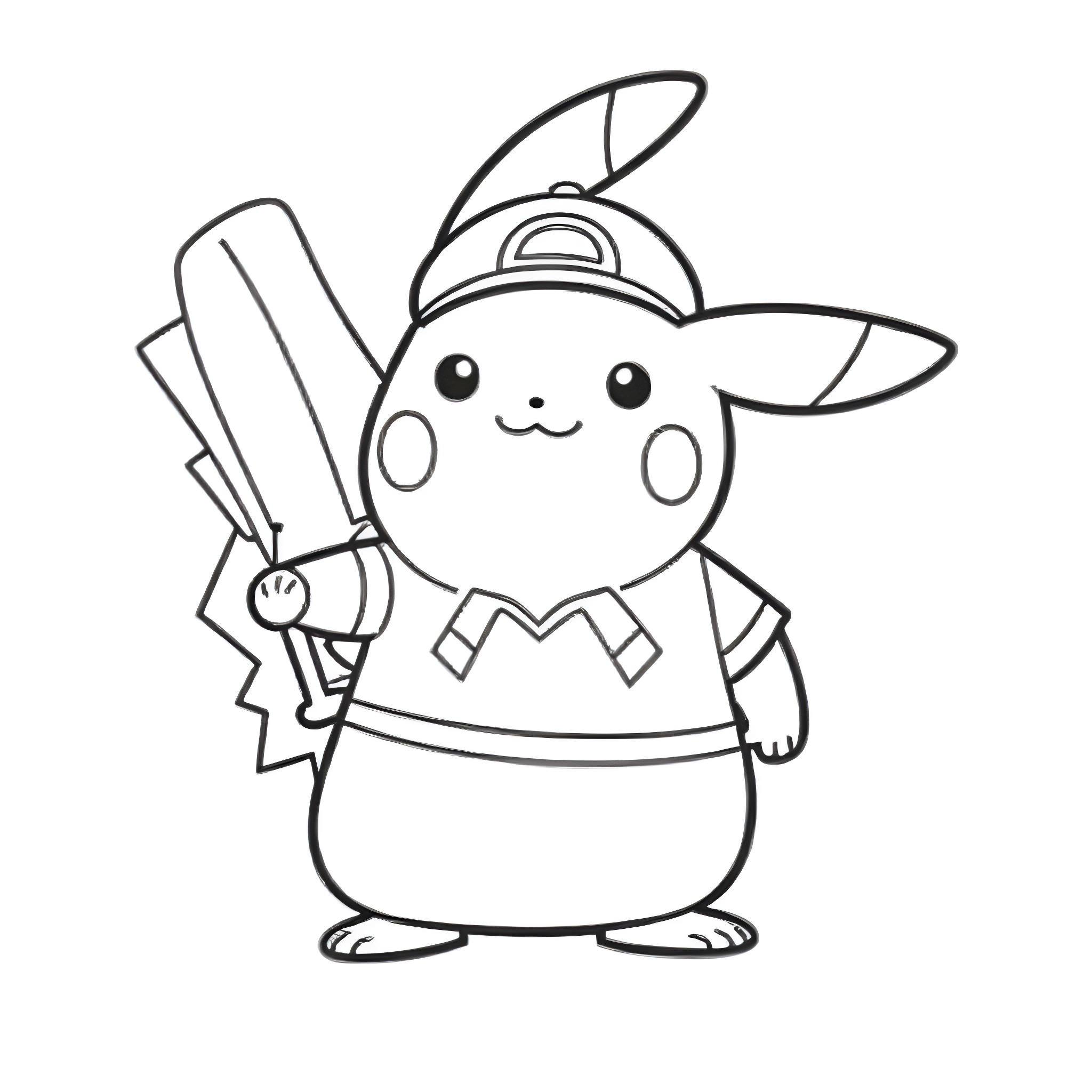 Pikachu holding a fishing rod and exploring outdoors Coloring Page (free black-and-white line drawing printable PDF for all, from beginners to advanced learners, including children, teens, adults, and seniors)