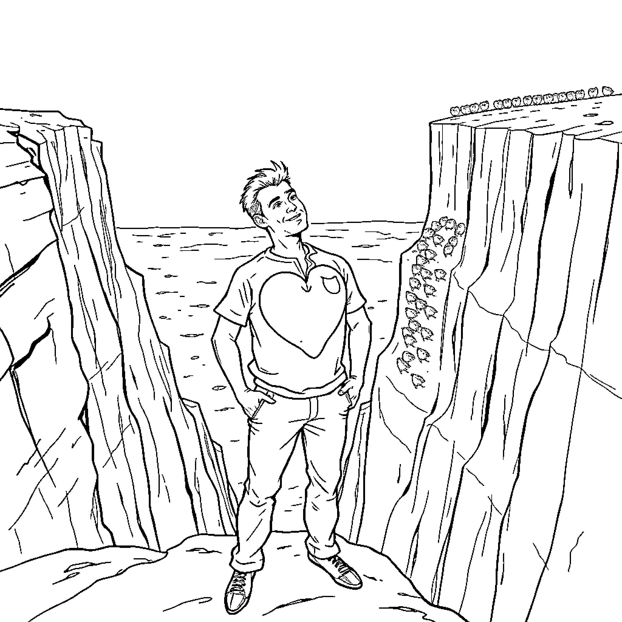 Man standing confidently in rugged mountain landscape Coloring Page (free black-and-white line drawing printable PDF for all, from beginners to advanced learners, including children, teens, adults, and seniors)