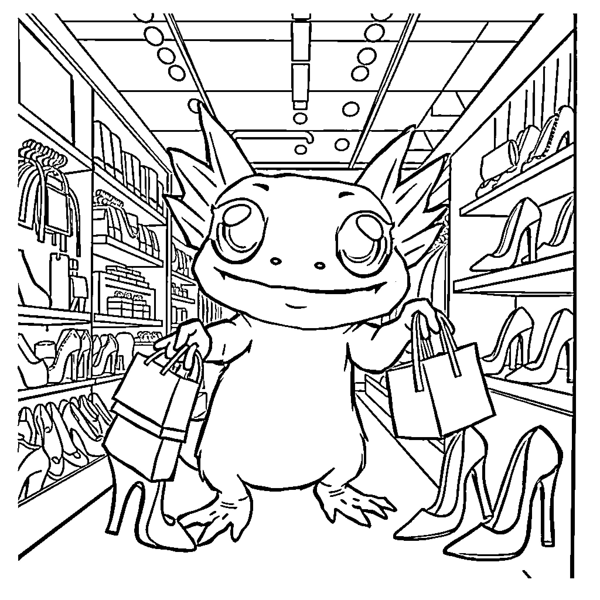 Axolotl shopping happily in the clothing store Coloring Page (free black-and-white line drawing printable PDF for all, from beginners to advanced learners, including children, teens, adults, and seniors)