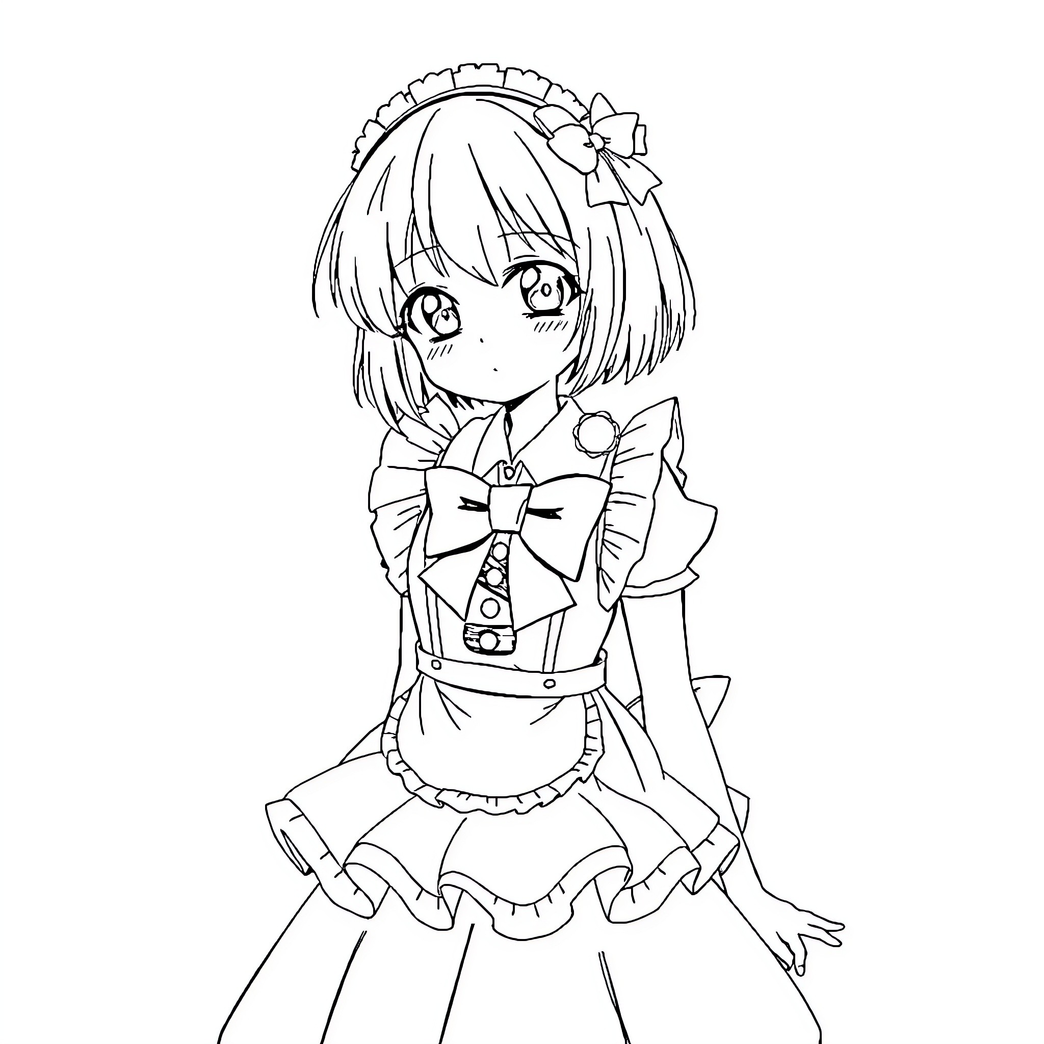 Yuki Suou's Playful Maid Attire Coloring Page (free black-and-white line drawing printable PDF for all, from beginners to advanced learners, including children, teens, adults, and seniors)