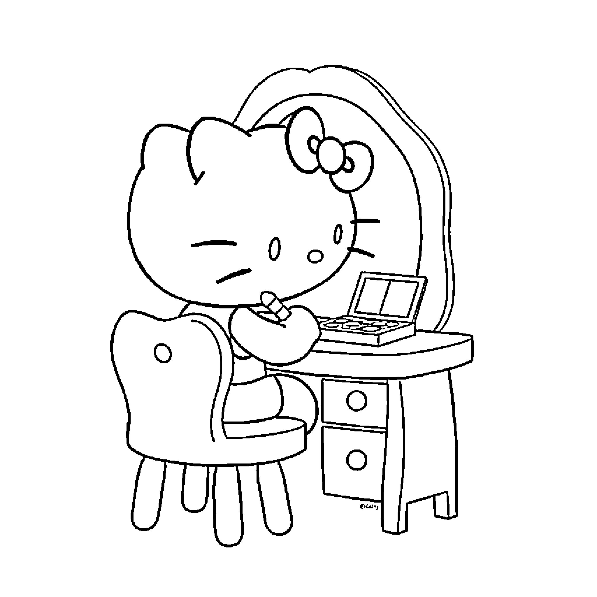 Hello Kitty working on a computer Coloring Page (free black-and-white line drawing printable PDF for all, from beginners to advanced learners, including children, teens, adults, and seniors)