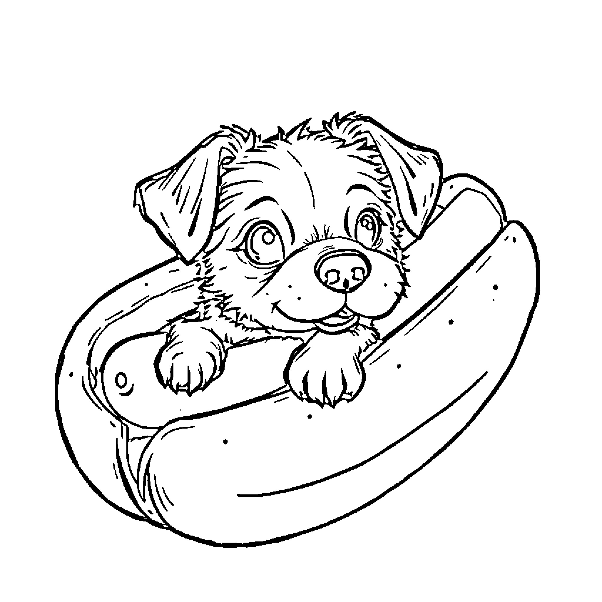 Dachshund puppy peeking out of a basket Coloring Page (free black-and-white line drawing printable PDF for all, from beginners to advanced learners, including children, teens, adults, and seniors)