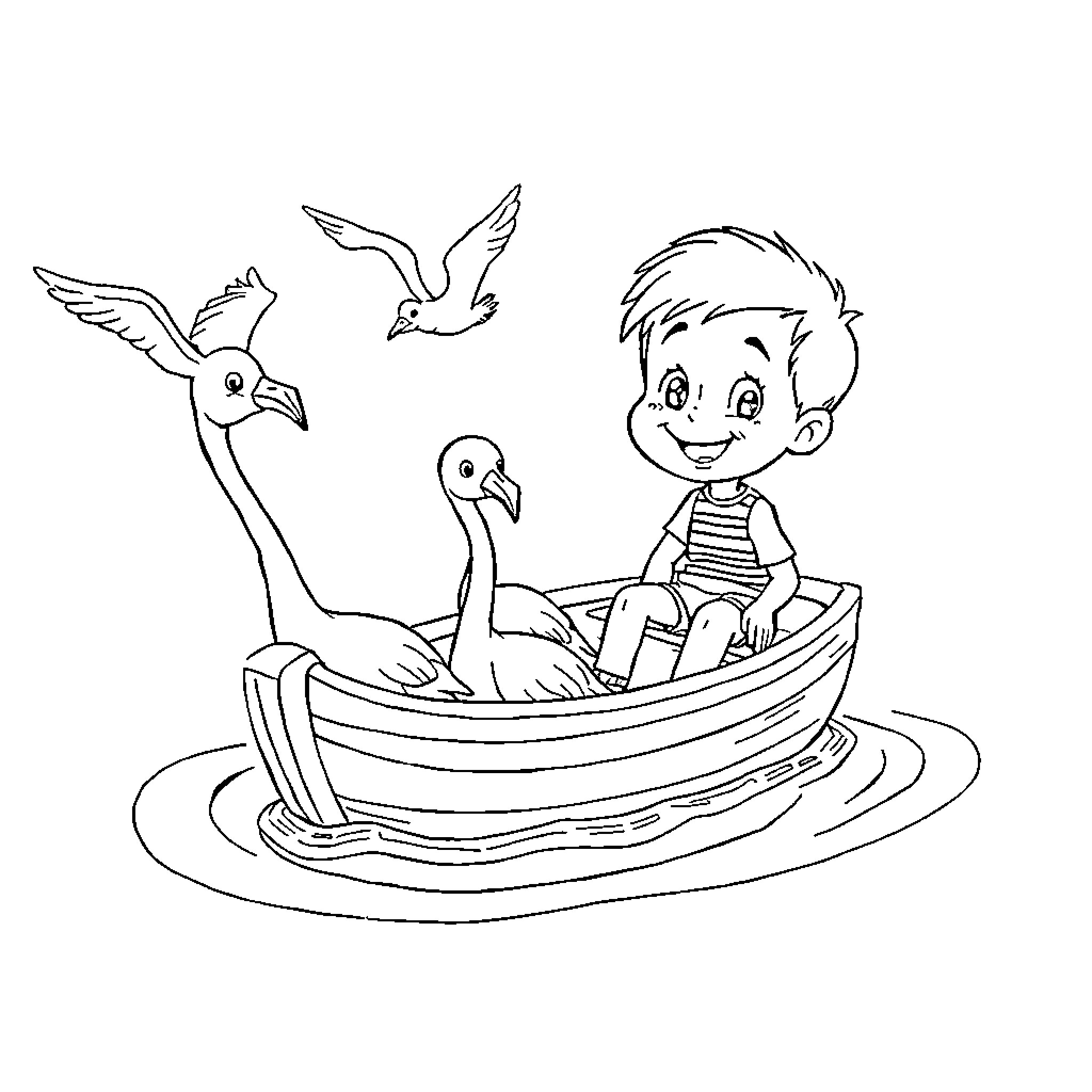 Seal playing with ducks in a boat Coloring Page (free black-and-white line drawing printable PDF for all, from beginners to advanced learners, including children, teens, adults, and seniors)