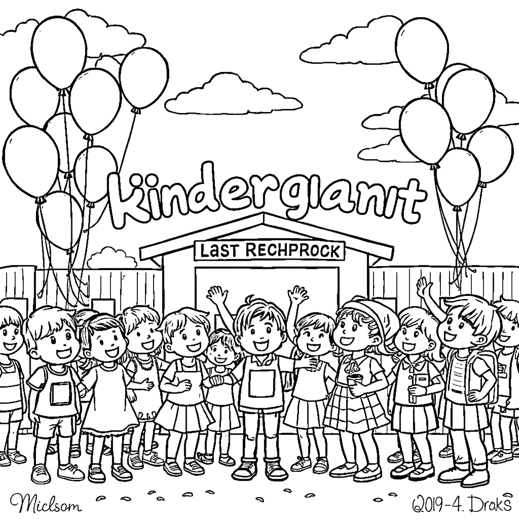 Kindergarten students celebrating with balloons and excitement Coloring Page (free black-and-white line drawing printable PDF for all, from beginners to advanced learners, including children, teens, adults, and seniors)