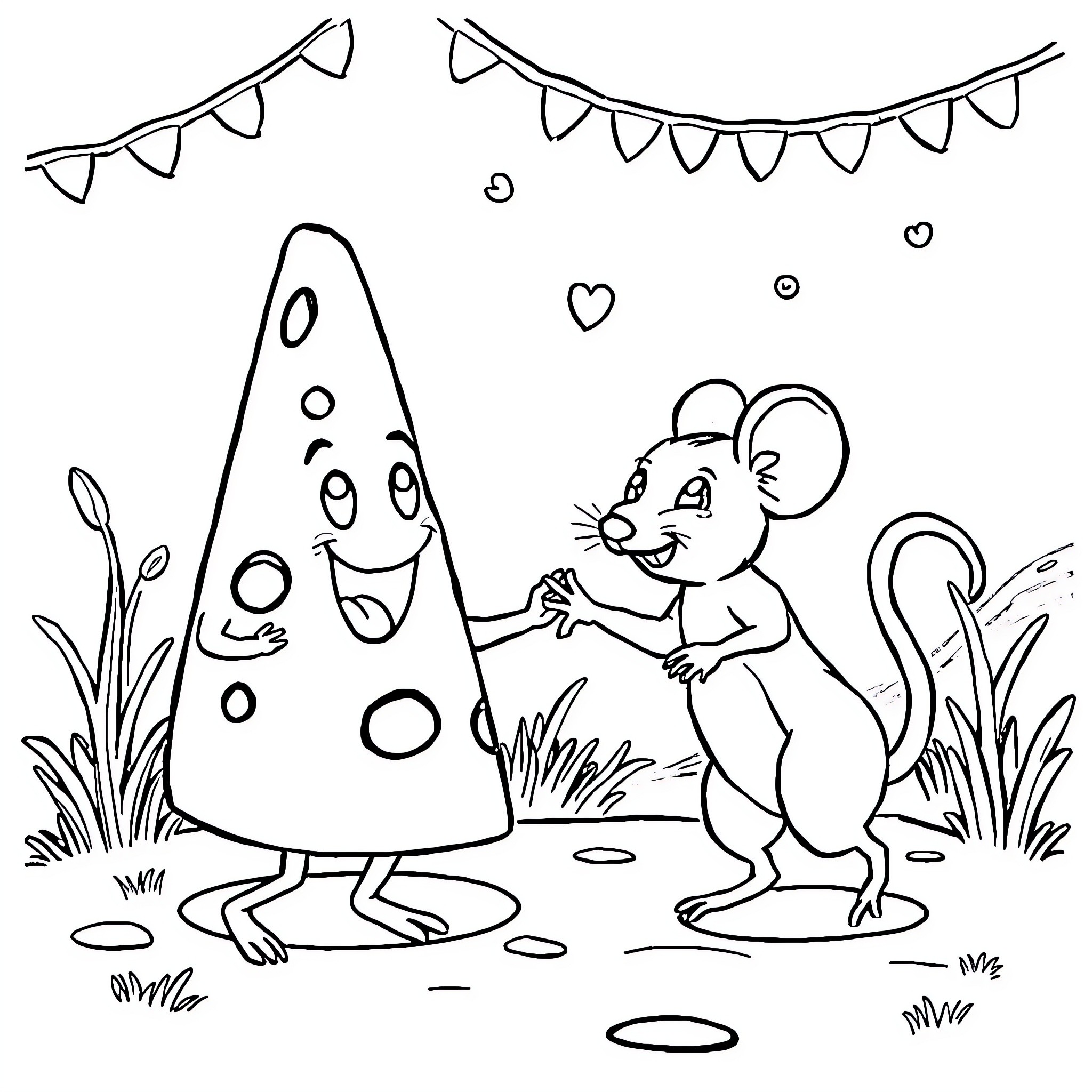 Cheese party with cute characters Coloring Page (free black-and-white line drawing printable PDF for all, from beginners to advanced learners, including children, teens, adults, and seniors)