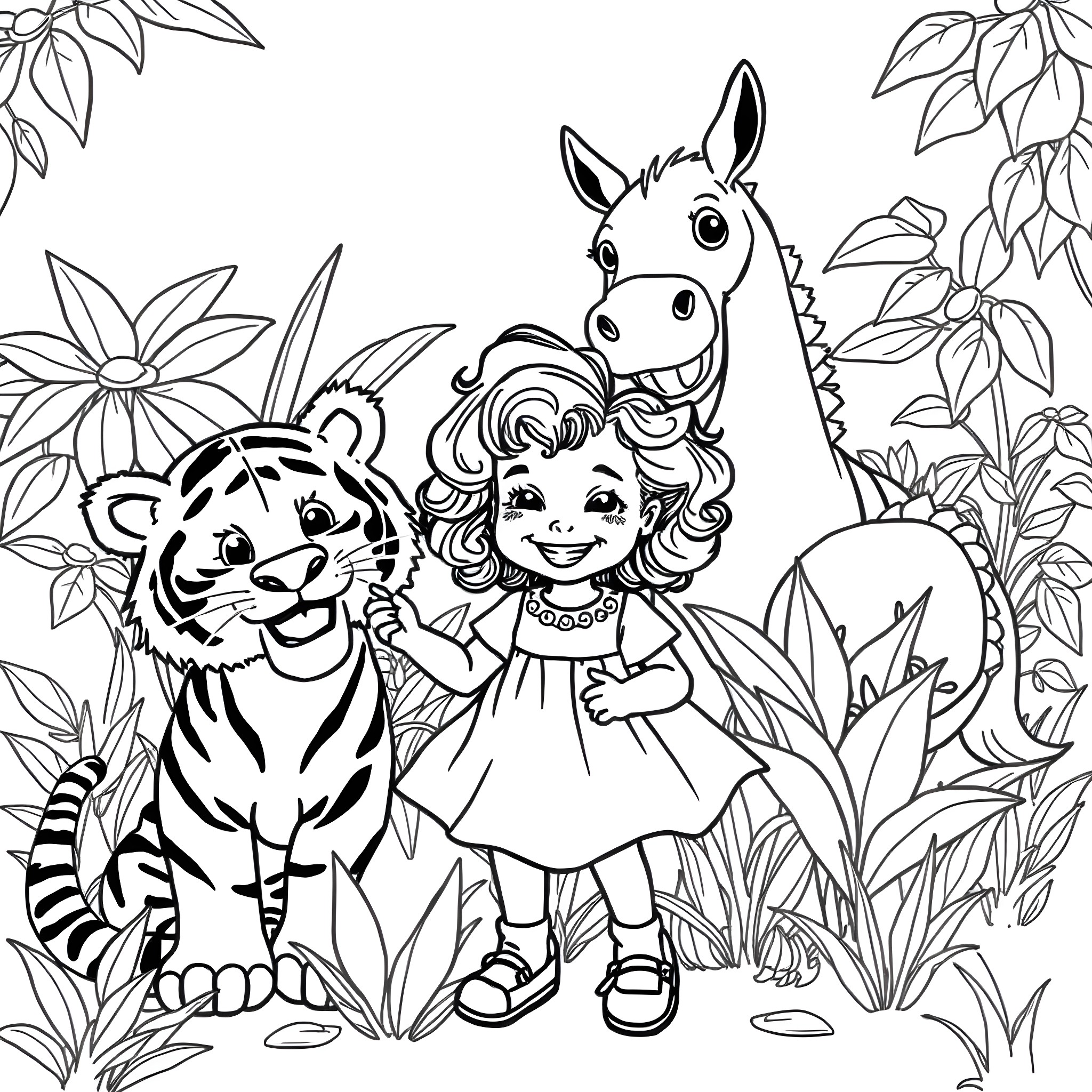 Girl playing with cute animals in the jungle Coloring Page (free black-and-white line drawing printable PDF for all, from beginners to advanced learners, including children, teens, adults, and seniors)