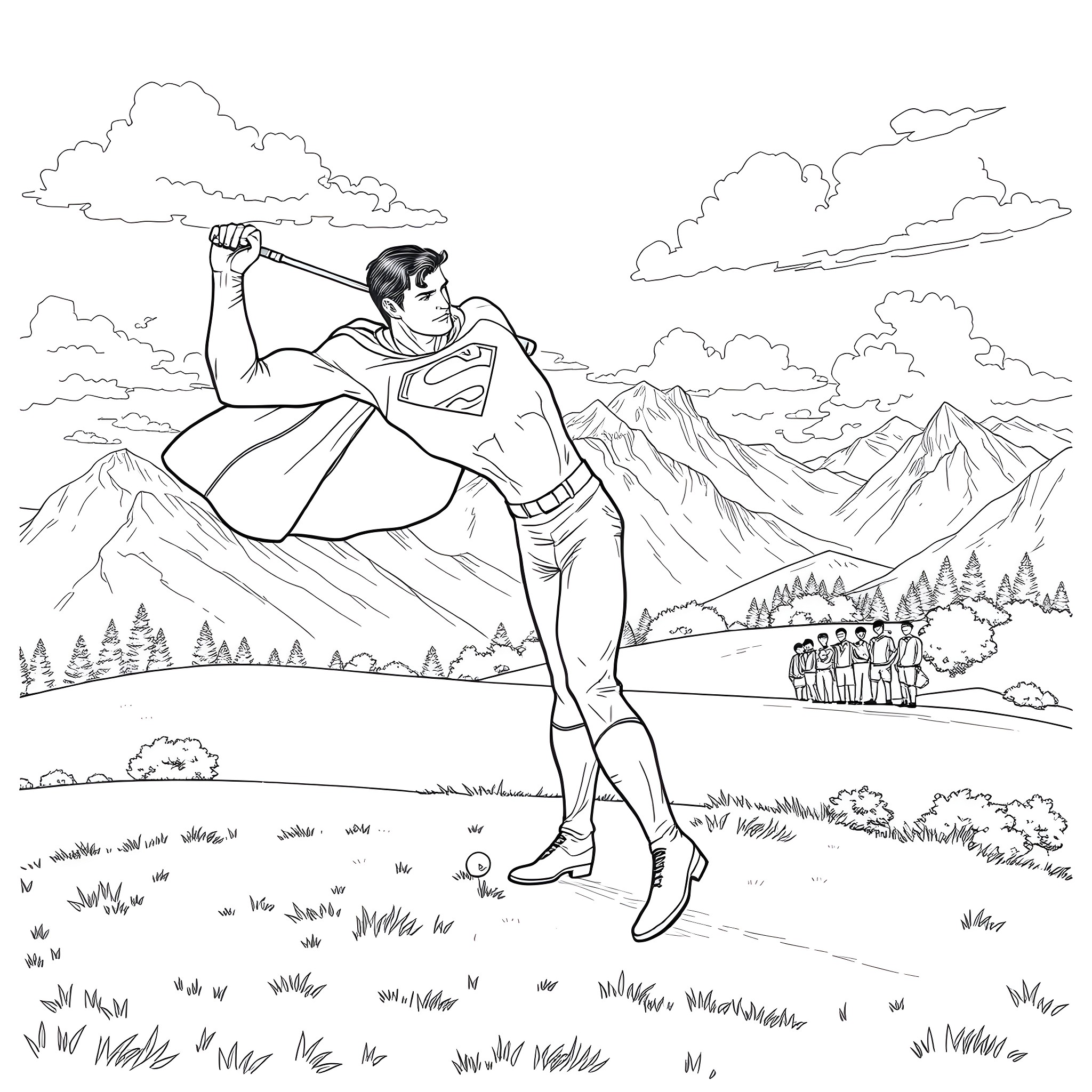 Superman taking flight over a scenic landscape Coloring Page (free black-and-white line drawing printable PDF for all, from beginners to advanced learners, including children, teens, adults, and seniors)