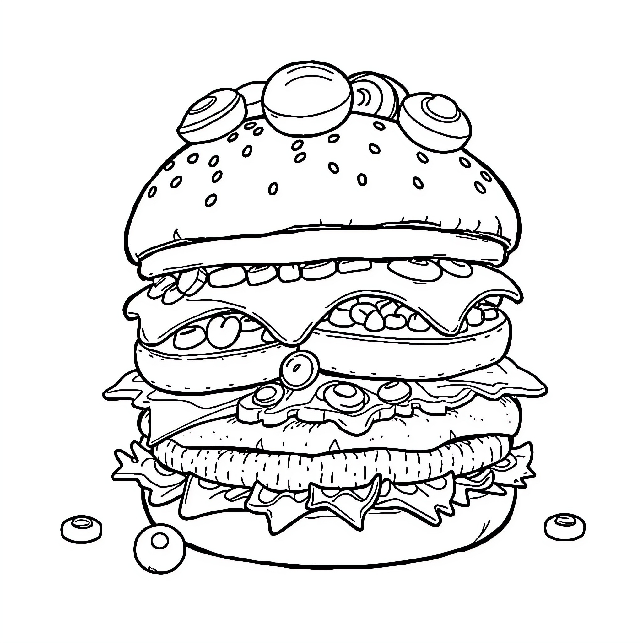 Burger with Extraordinary Toppings Coloring Page (free black-and-white line drawing printable PDF for all, from beginners to advanced learners, including children, teens, adults, and seniors)