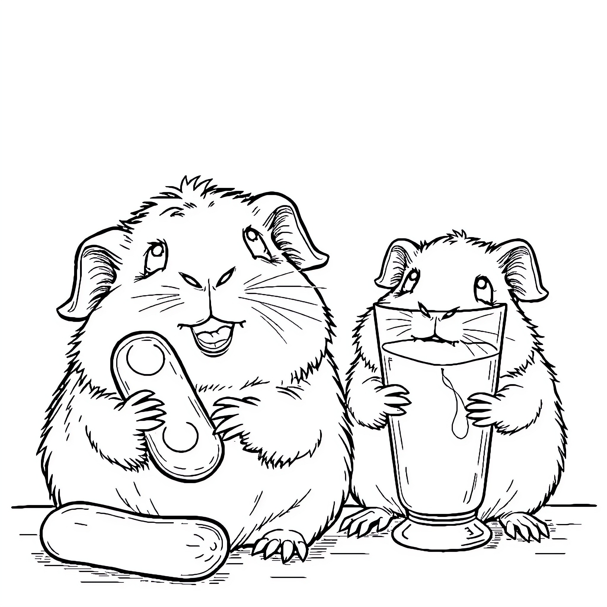 Guinea Pigs Playing with Toys Coloring Page (free black-and-white line drawing printable PDF for all, from beginners to advanced learners, including children, teens, adults, and seniors)
