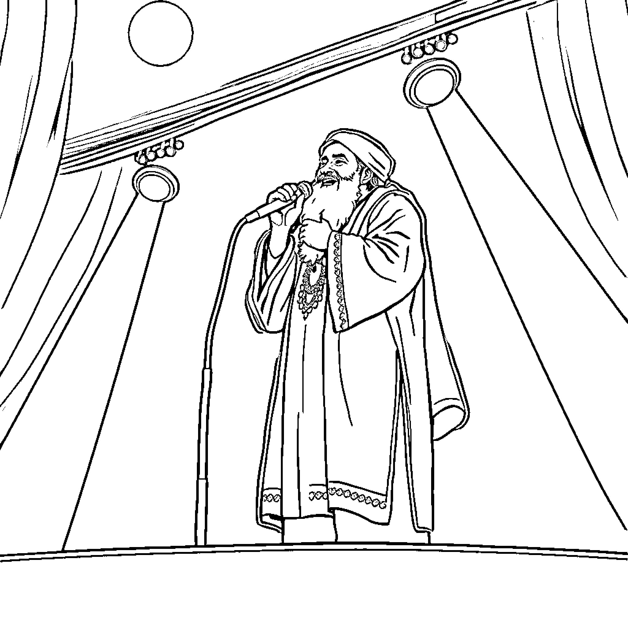 Rumi performing on stage in traditional attire Coloring Page (free black-and-white line drawing printable PDF for all, from beginners to advanced learners, including children, teens, adults, and seniors)
