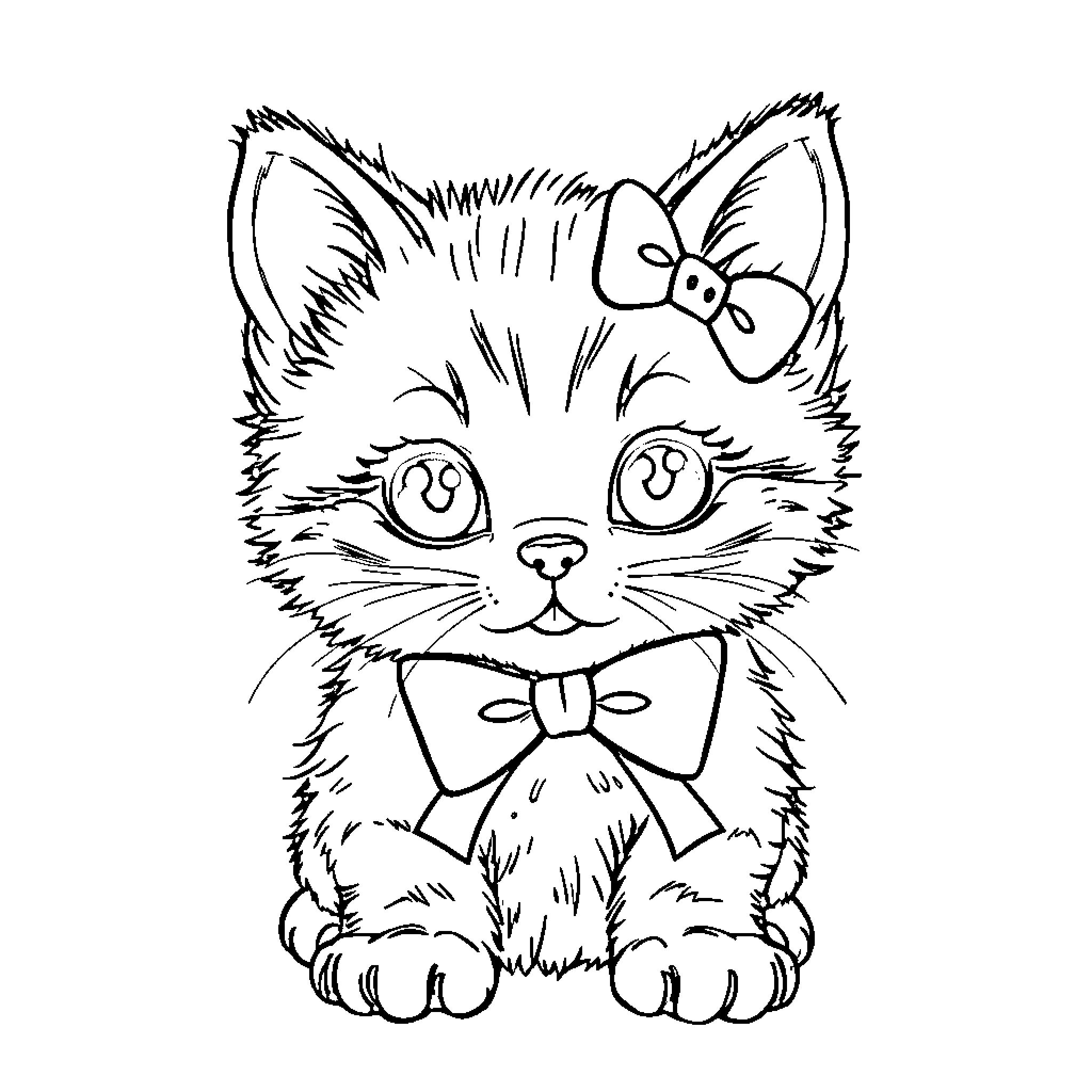 Kitten with a bow tie and big eyes Coloring Page (free black-and-white line drawing printable PDF for all, from beginners to advanced learners, including children, teens, adults, and seniors)