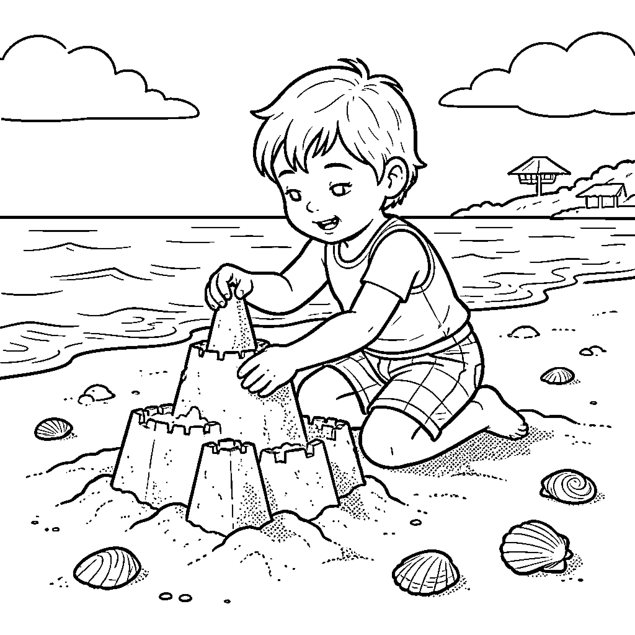 Child building a sandcastle on the beach Coloring Page (free black-and-white line drawing printable PDF for all, from beginners to advanced learners, including children, teens, adults, and seniors)