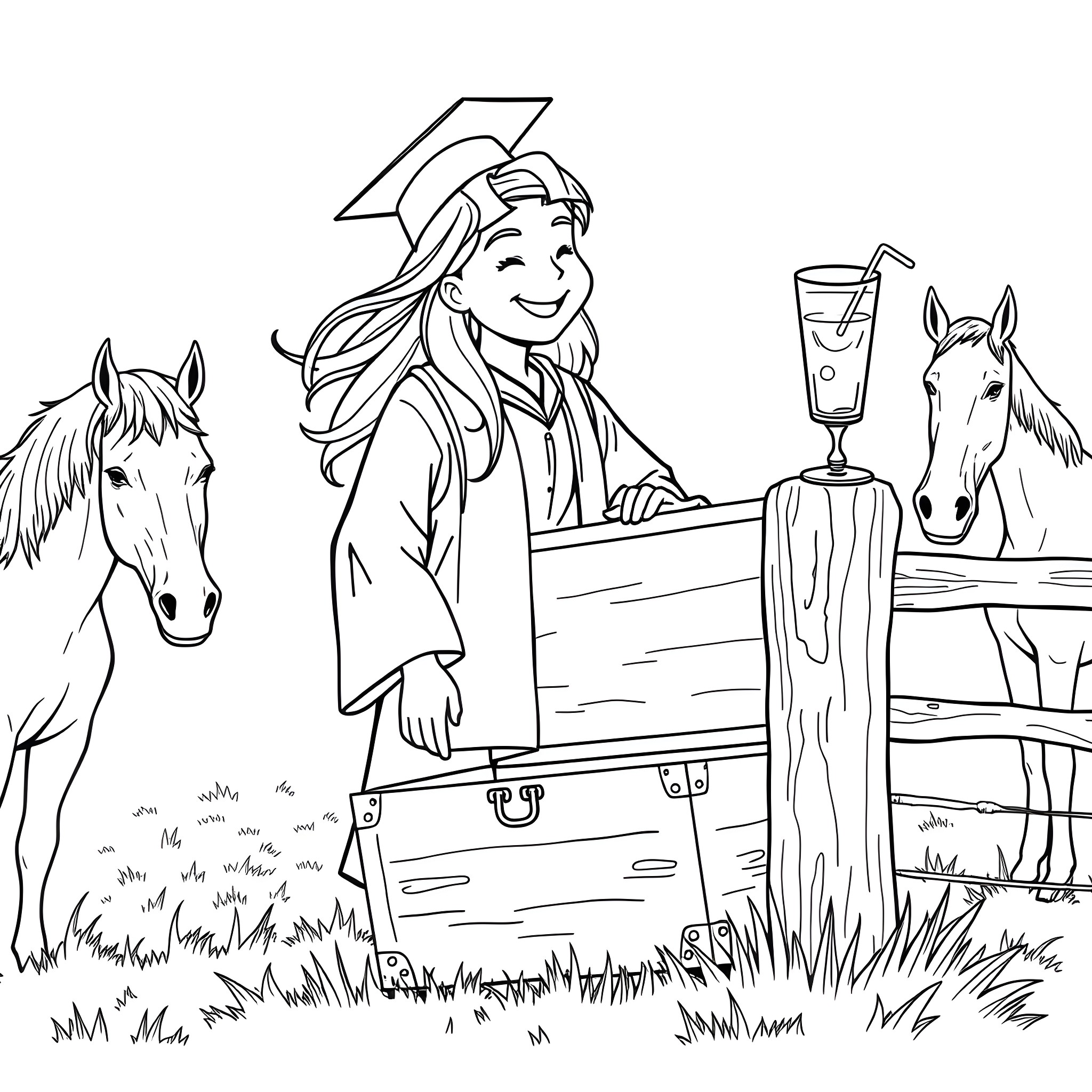 Graduate Celebrating with Horses and Refreshments Coloring Page (free black-and-white line drawing printable PDF for all, from beginners to advanced learners, including children, teens, adults, and seniors)