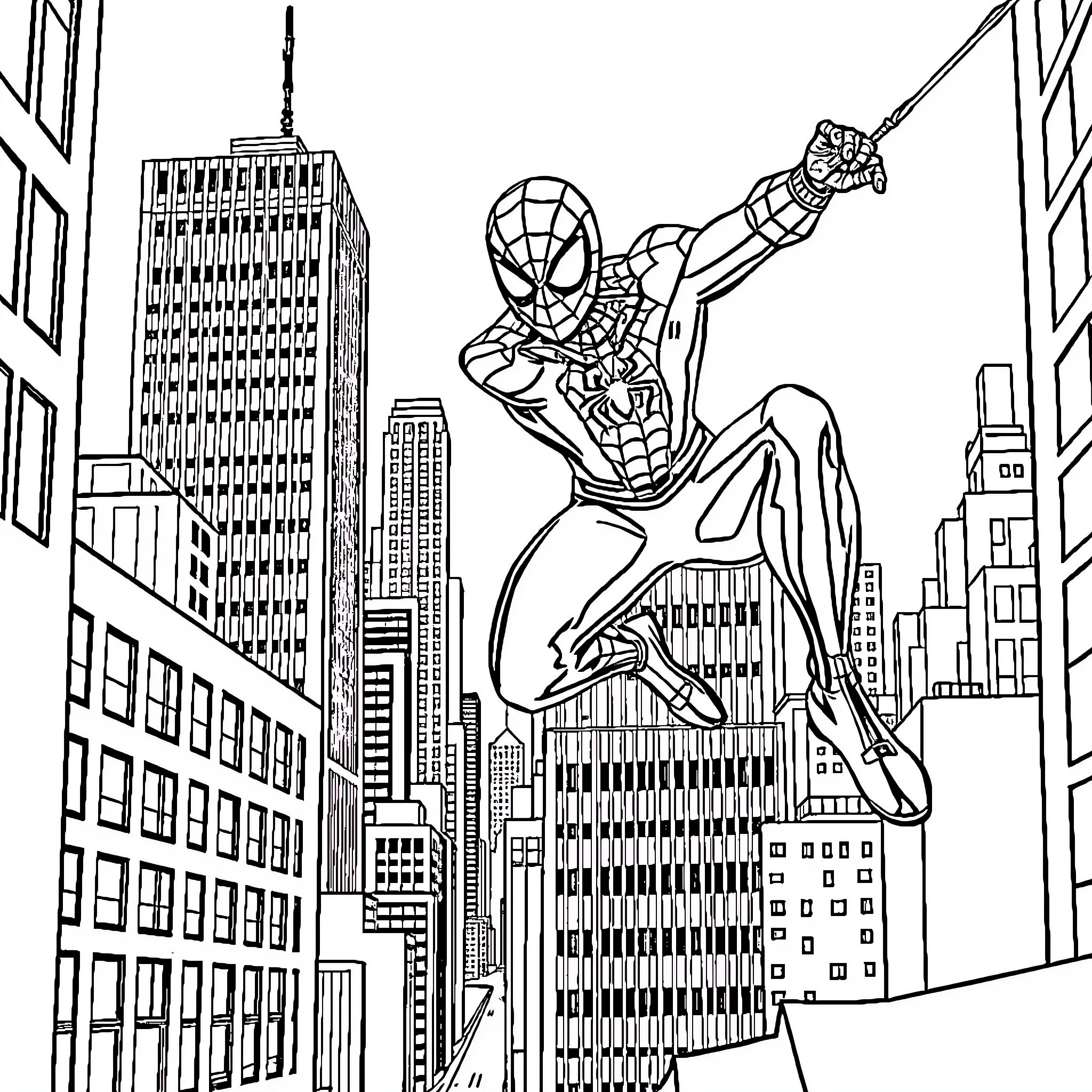 Spider-Man swinging through the city skyline Coloring Page (free black-and-white line drawing printable PDF for all, from beginners to advanced learners, including children, teens, adults, and seniors)