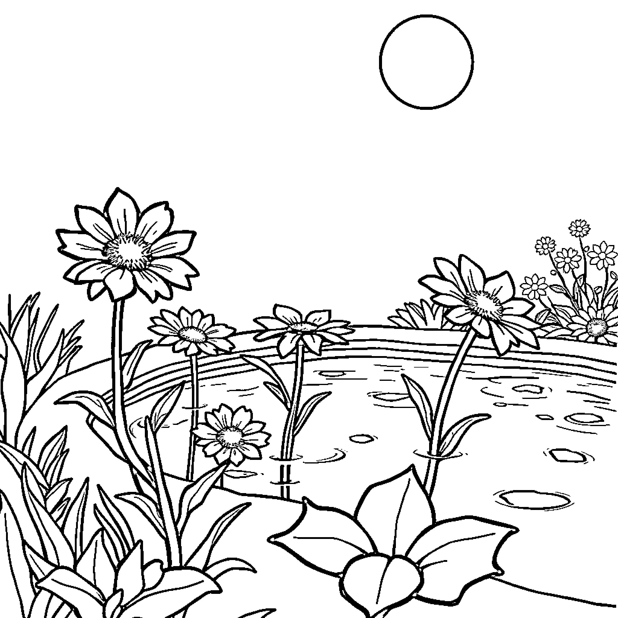 Mayseed's Vibrant Floral Wonderland Coloring Page (free black-and-white line drawing printable PDF for all, from beginners to advanced learners, including children, teens, adults, and seniors)
