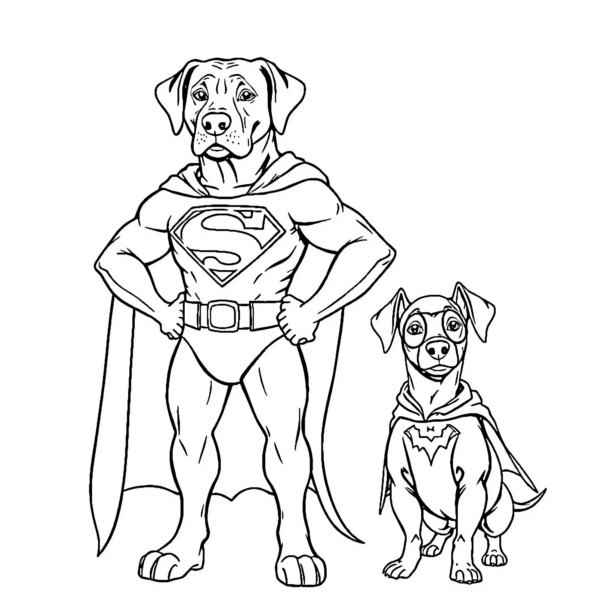 Labrador superheroes saving the day Coloring Page (free black-and-white line drawing printable PDF for all, from beginners to advanced learners, including children, teens, adults, and seniors)