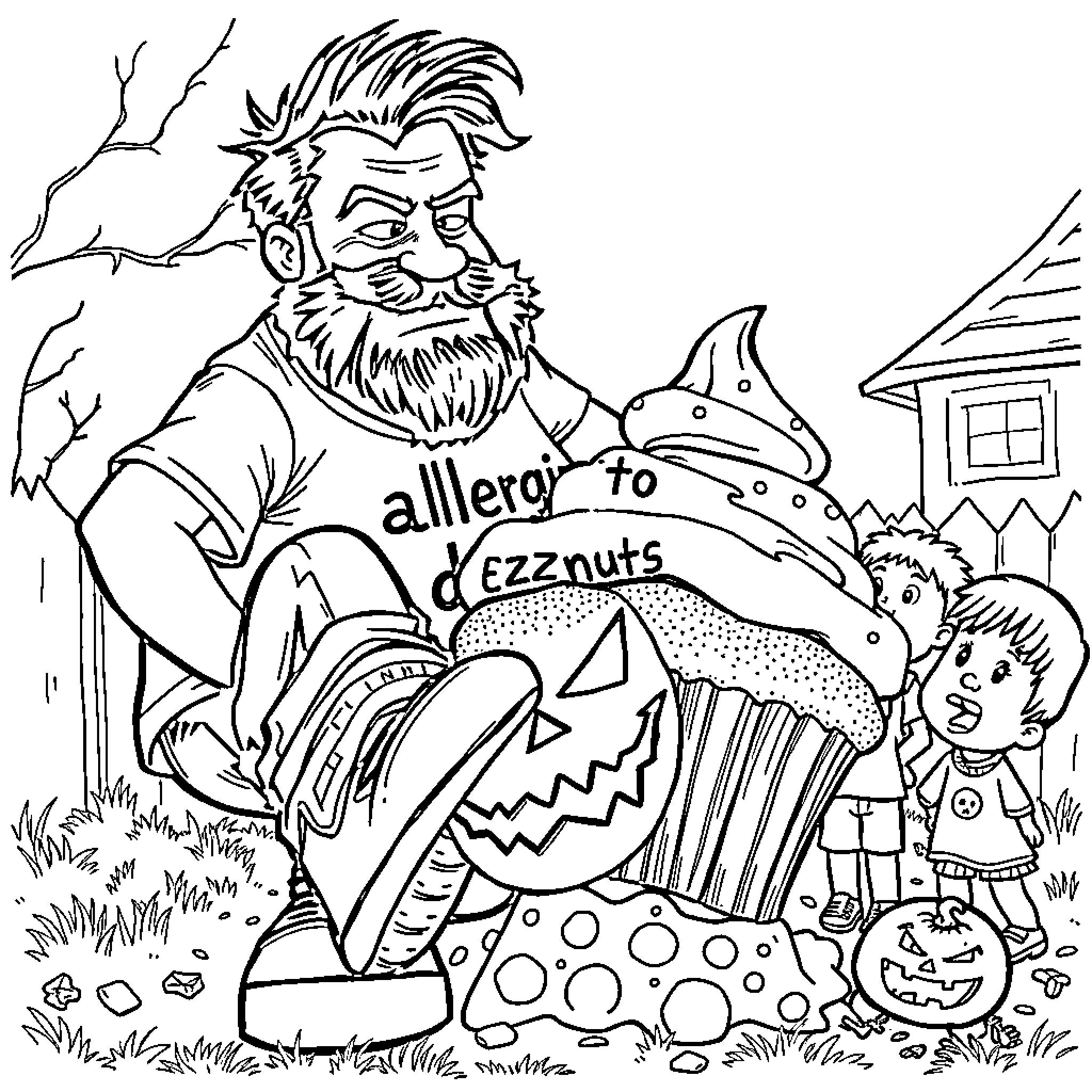 Male celebrating Halloween with young child Coloring Page (free black-and-white line drawing printable PDF for all, from beginners to advanced learners, including children, teens, adults, and seniors)