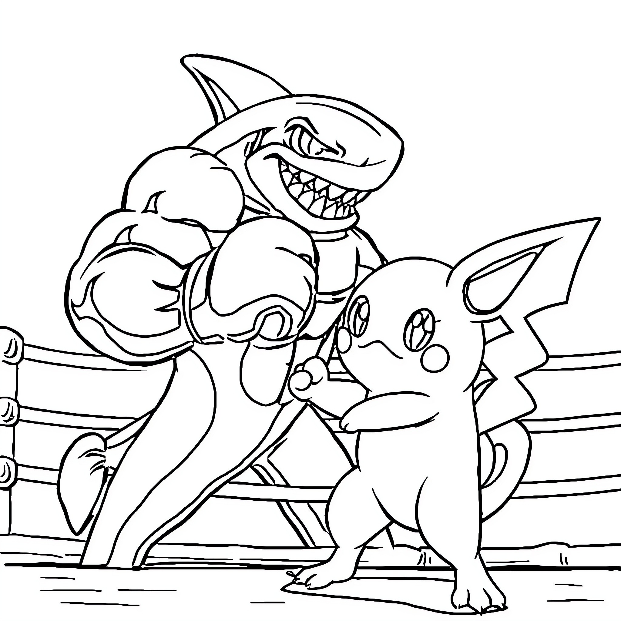 Shark and creature battling in the ring Coloring Page (free black-and-white line drawing printable PDF for all, from beginners to advanced learners, including children, teens, adults, and seniors)