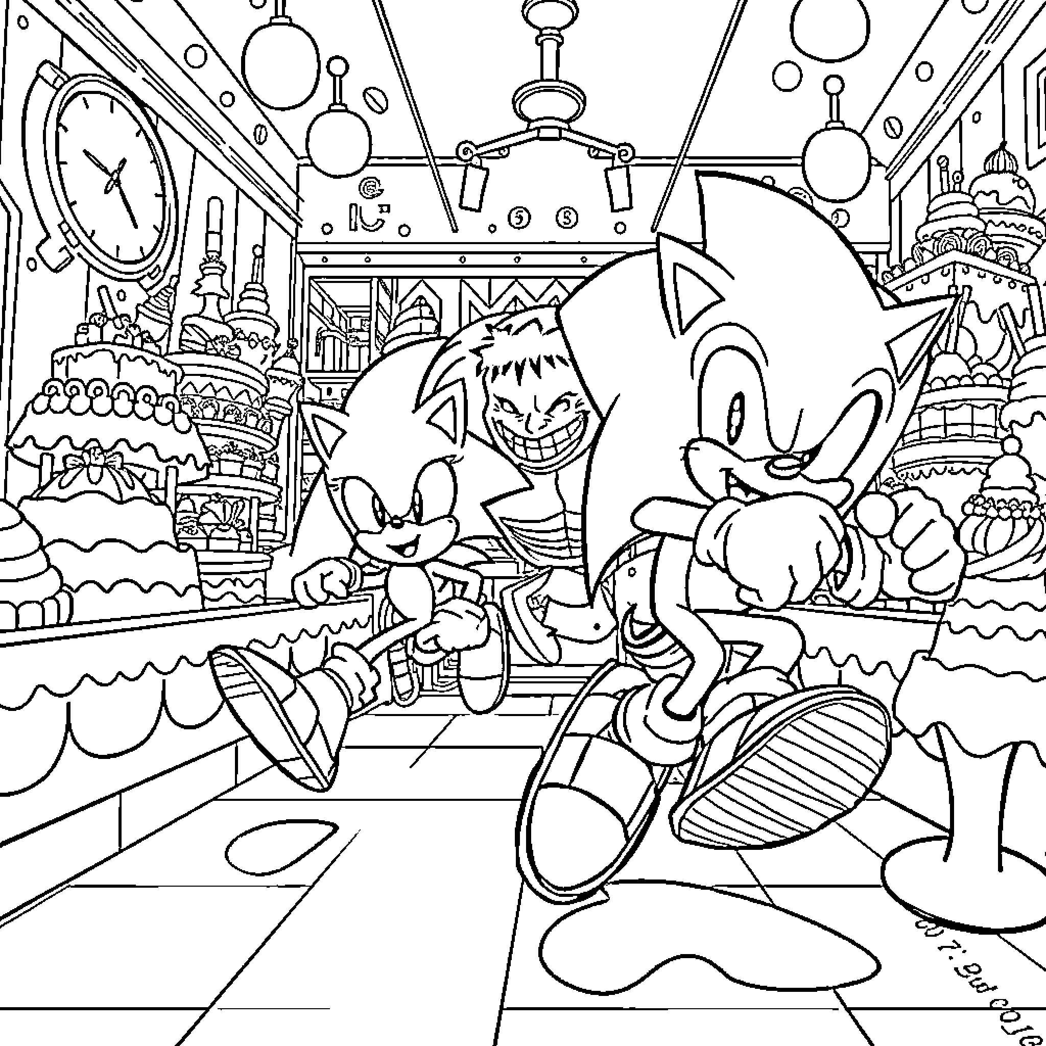 Sonic and friends in an intricate, whimsical environment Coloring Page (free black-and-white line drawing printable PDF for all, from beginners to advanced learners, including children, teens, adults, and seniors)