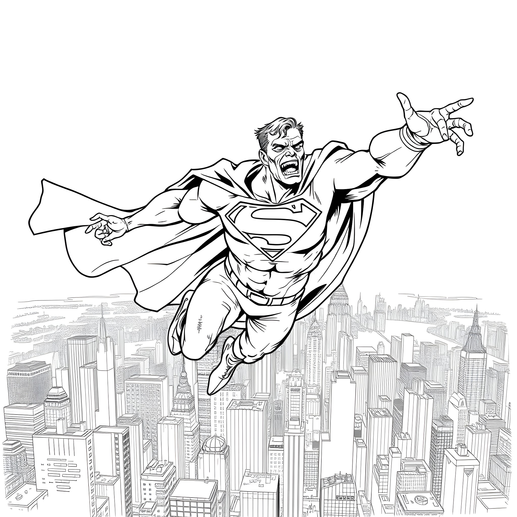 Bizarro superhero flying over the city Coloring Page (free black-and-white line drawing printable PDF for all, from beginners to advanced learners, including children, teens, adults, and seniors)
