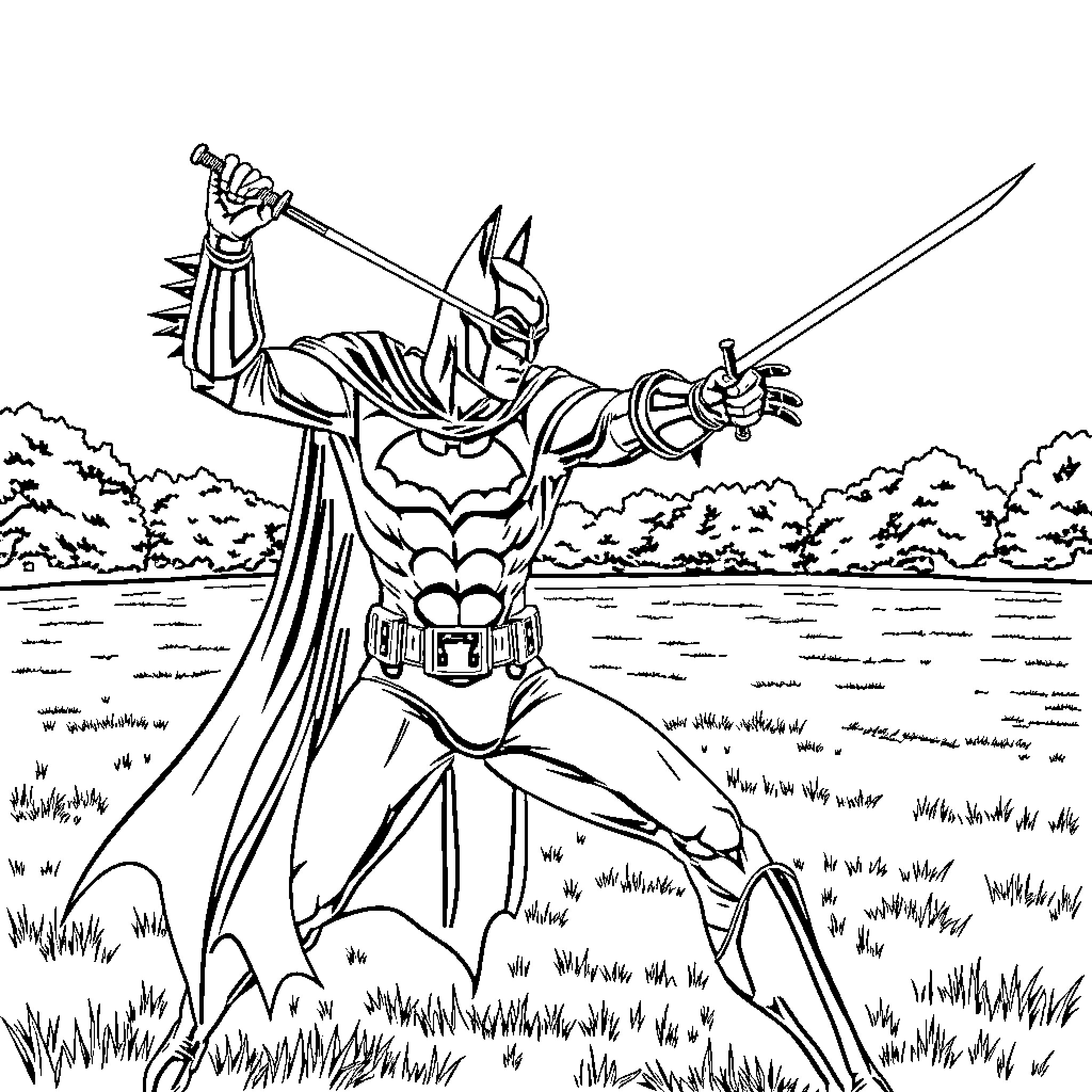 Batman in action pose with sword and shield Coloring Page (free black-and-white line drawing printable PDF for all, from beginners to advanced learners, including children, teens, adults, and seniors)
