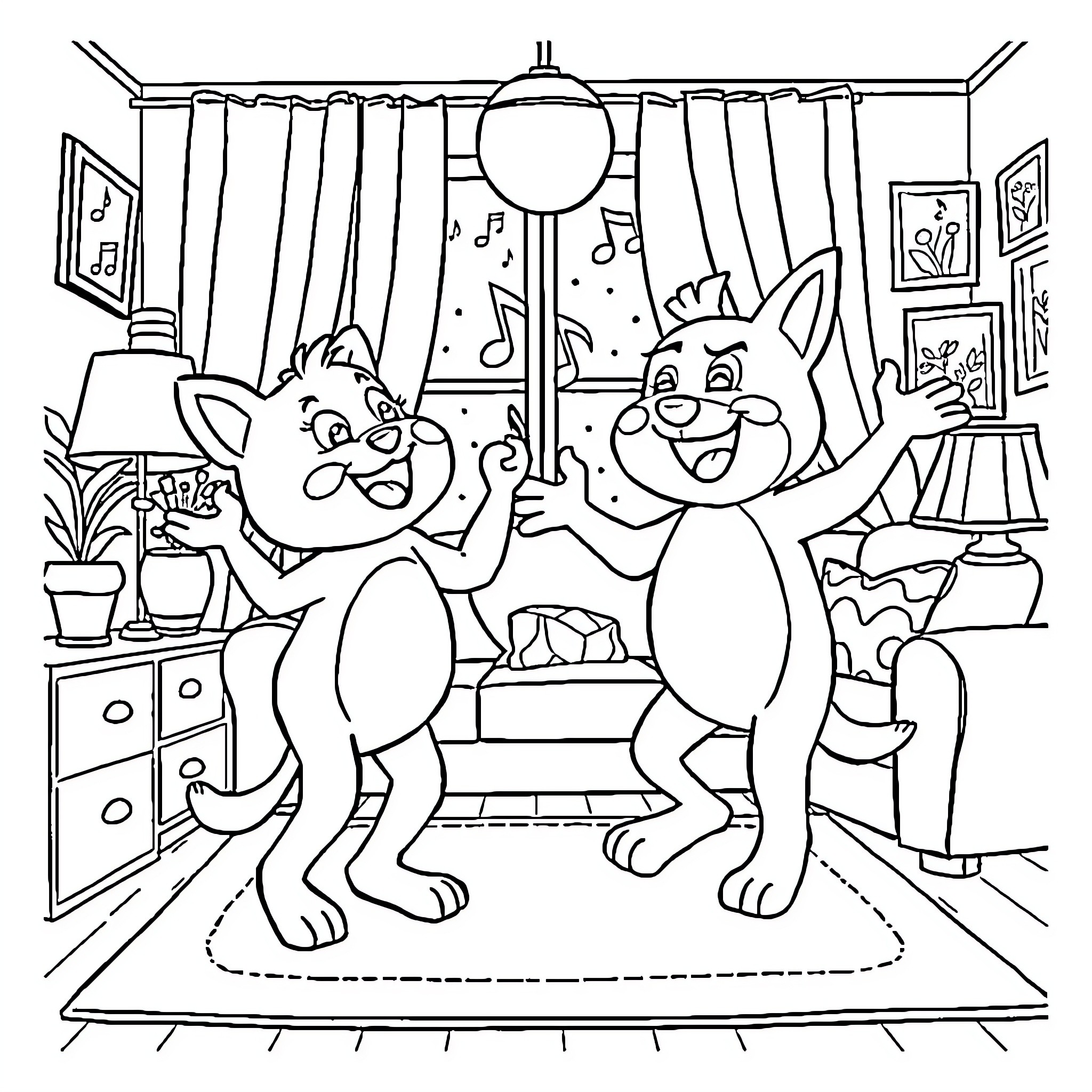 Bingo - Cats singing and dancing in a living room Coloring Page (free black-and-white line drawing printable PDF for all, from beginners to advanced learners, including children, teens, adults, and seniors)