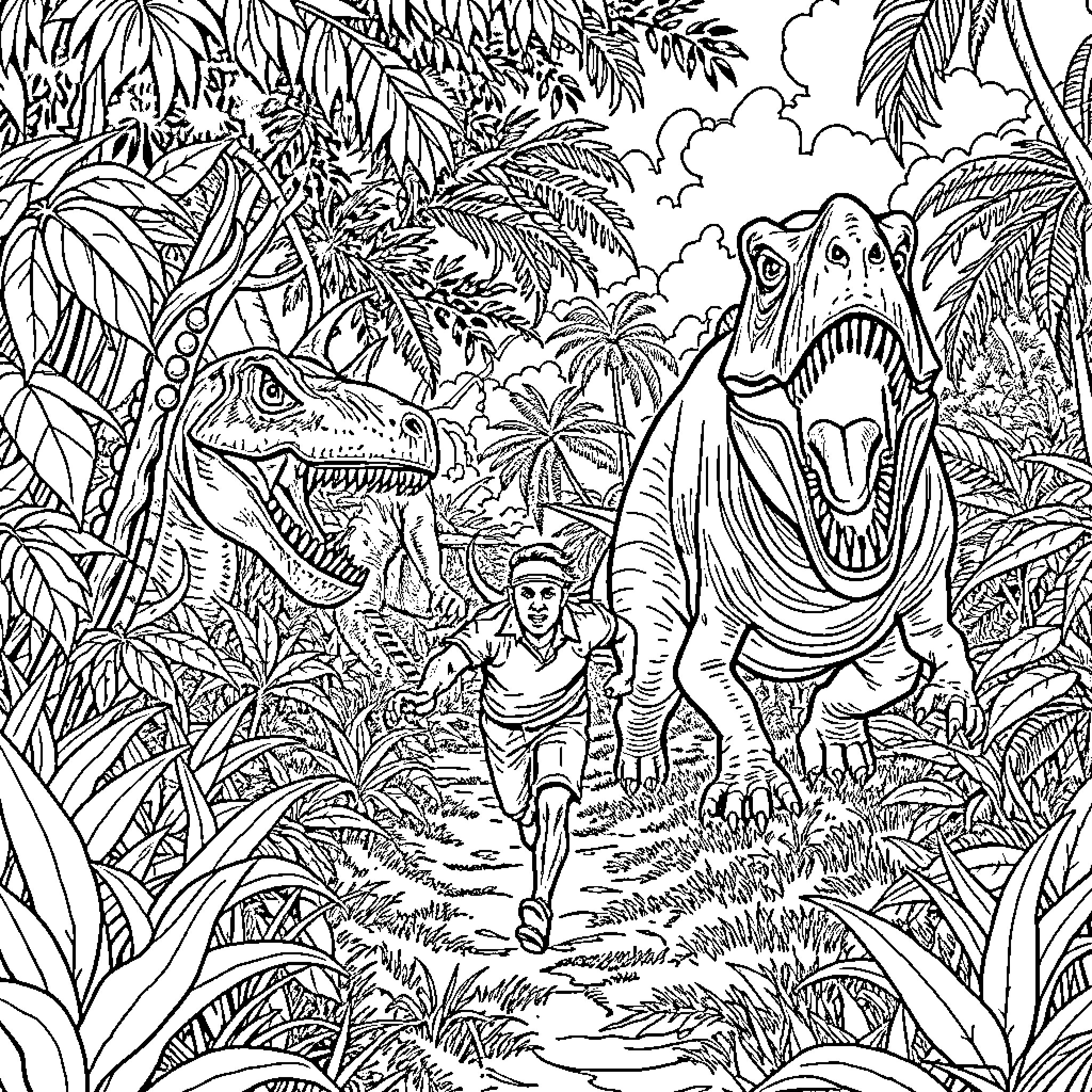 Man exploring the prehistoric jungle with dinosaurs Coloring Page (free black-and-white line drawing printable PDF for all, from beginners to advanced learners, including children, teens, adults, and seniors)