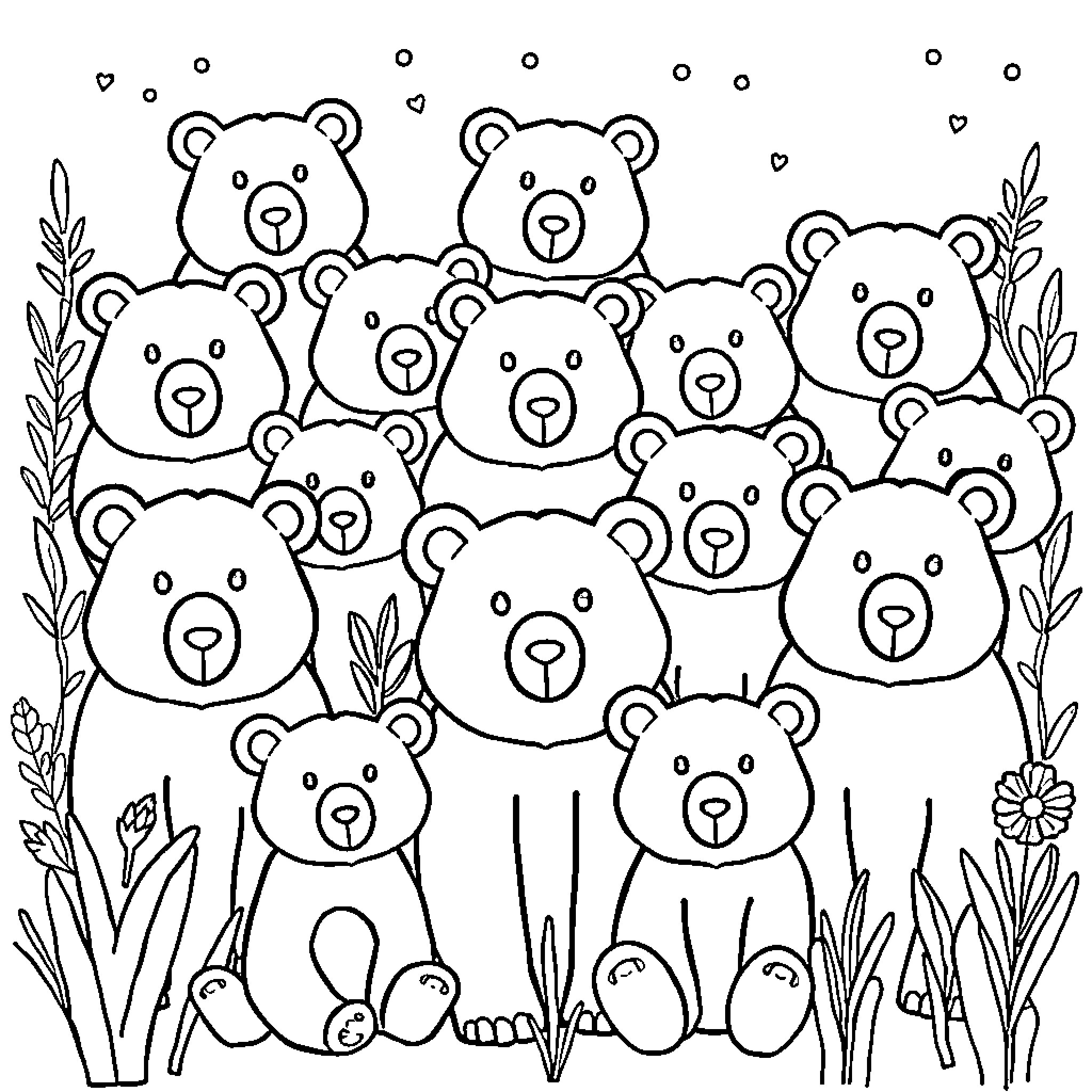 Bear gathering with friends in a floral setting Coloring Page (free black-and-white line drawing printable PDF for all, from beginners to advanced learners, including children, teens, adults, and seniors)